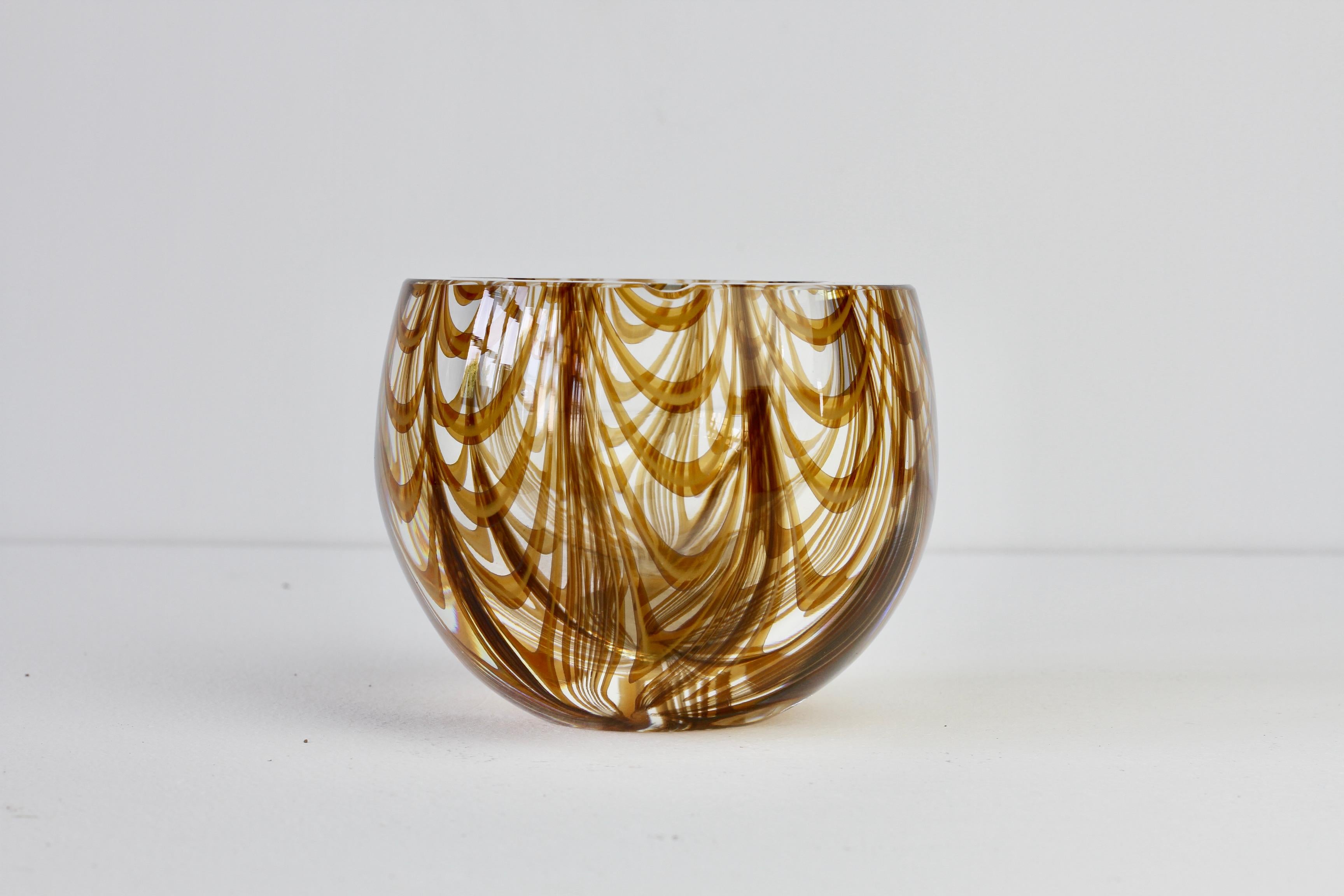 Mid-Century Modern Large Signed Cenedese 1970s Italian Amber 'Zebrato' Clear Murano Glass Ashtray For Sale