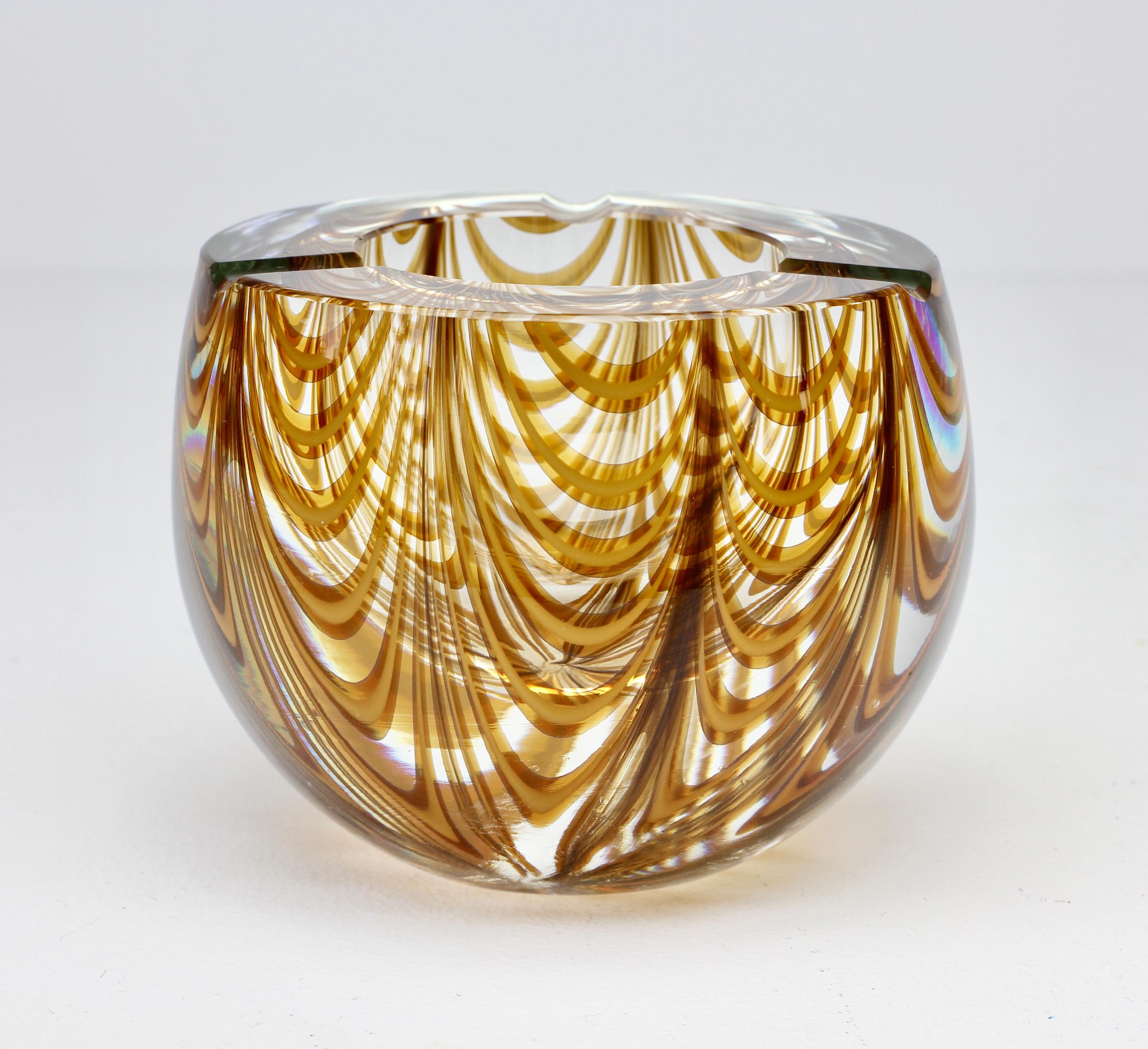 20th Century Large Signed Cenedese 1970s Italian Amber 'Zebrato' Clear Murano Glass Ashtray
