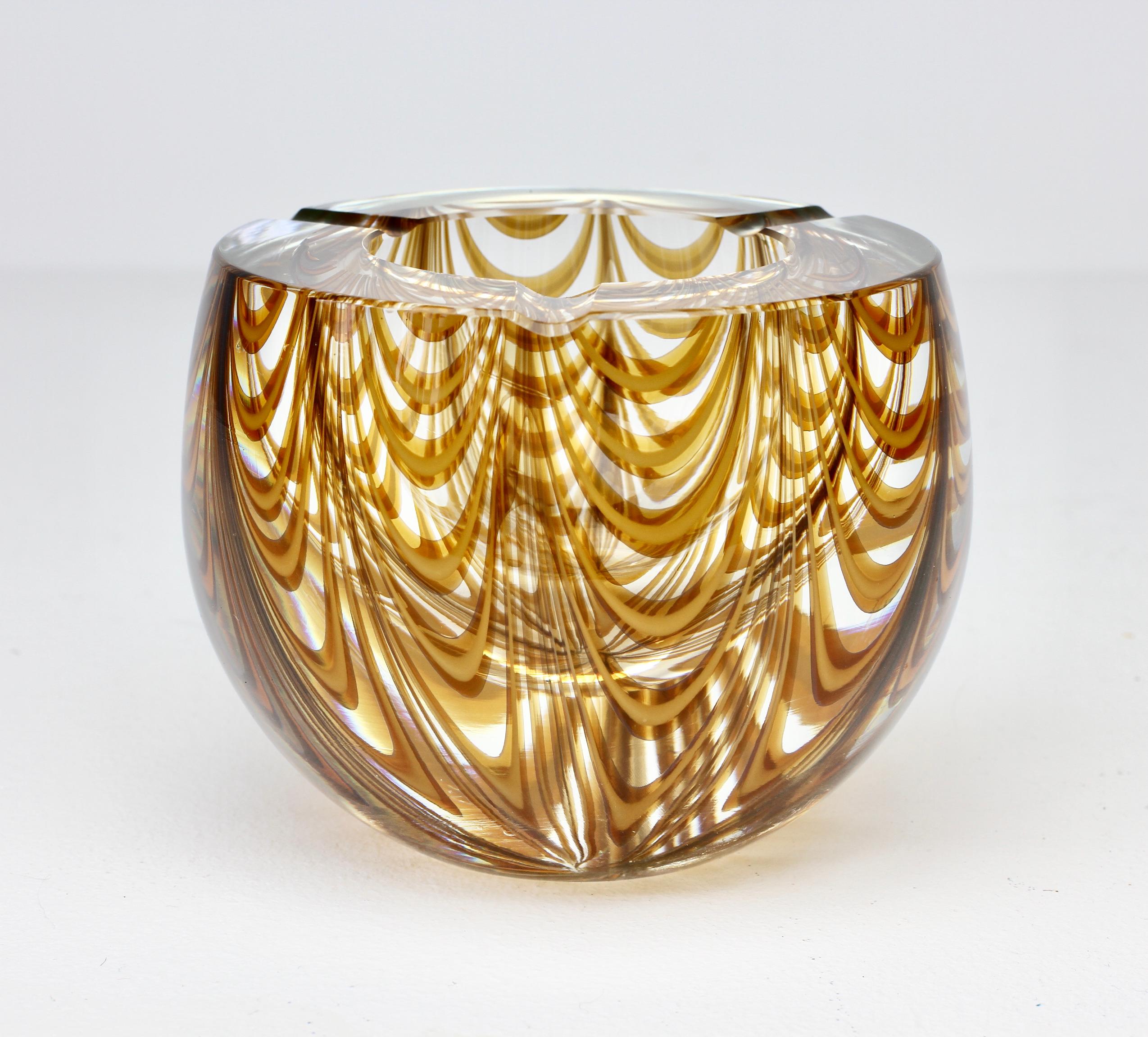 Blown Glass Large Signed Cenedese 1970s Italian Amber 'Zebrato' Clear Murano Glass Ashtray