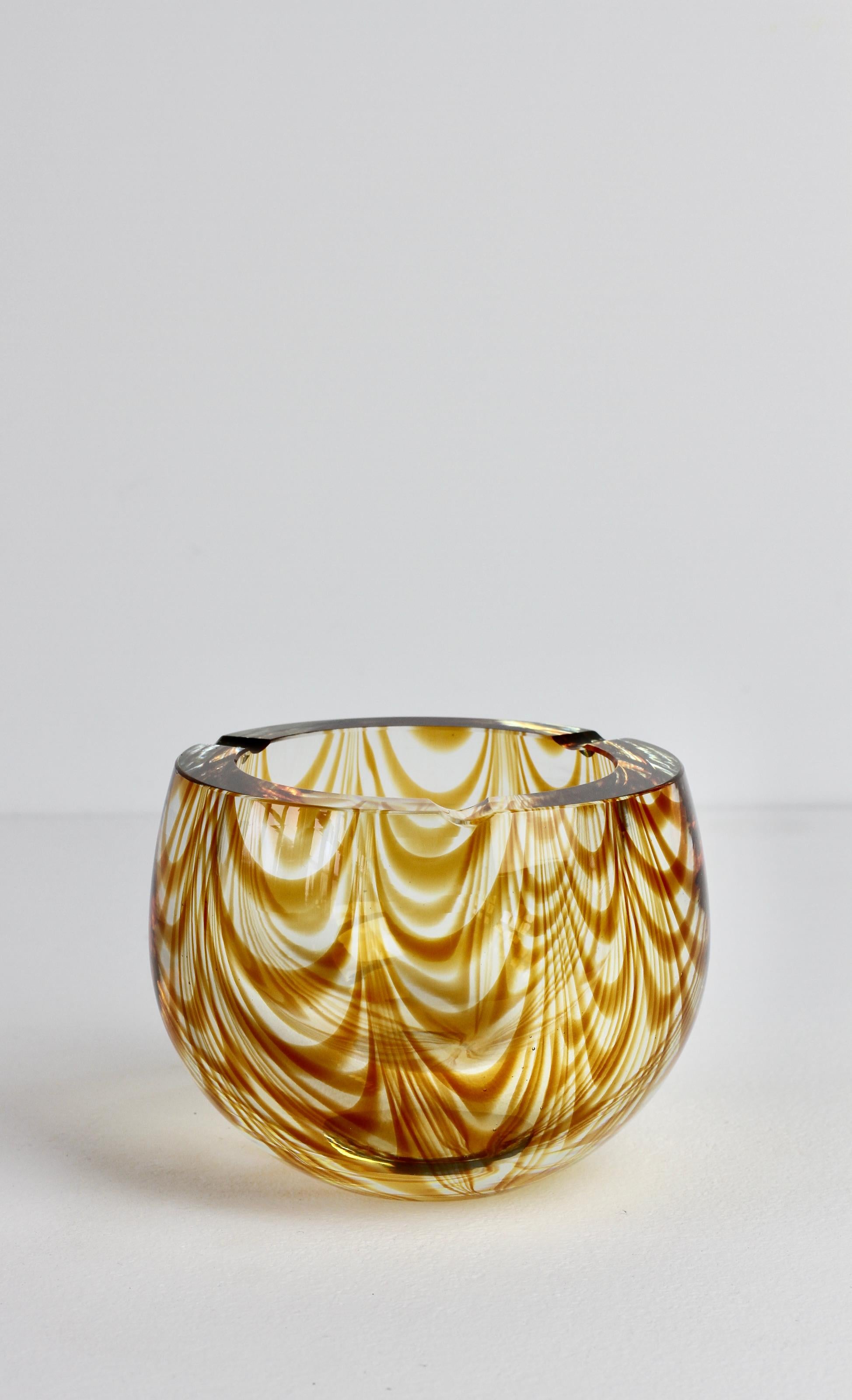 Blown Glass Large Signed Cenedese 1970s Italian Amber 'Zebrato' Clear Murano Glass Ashtray