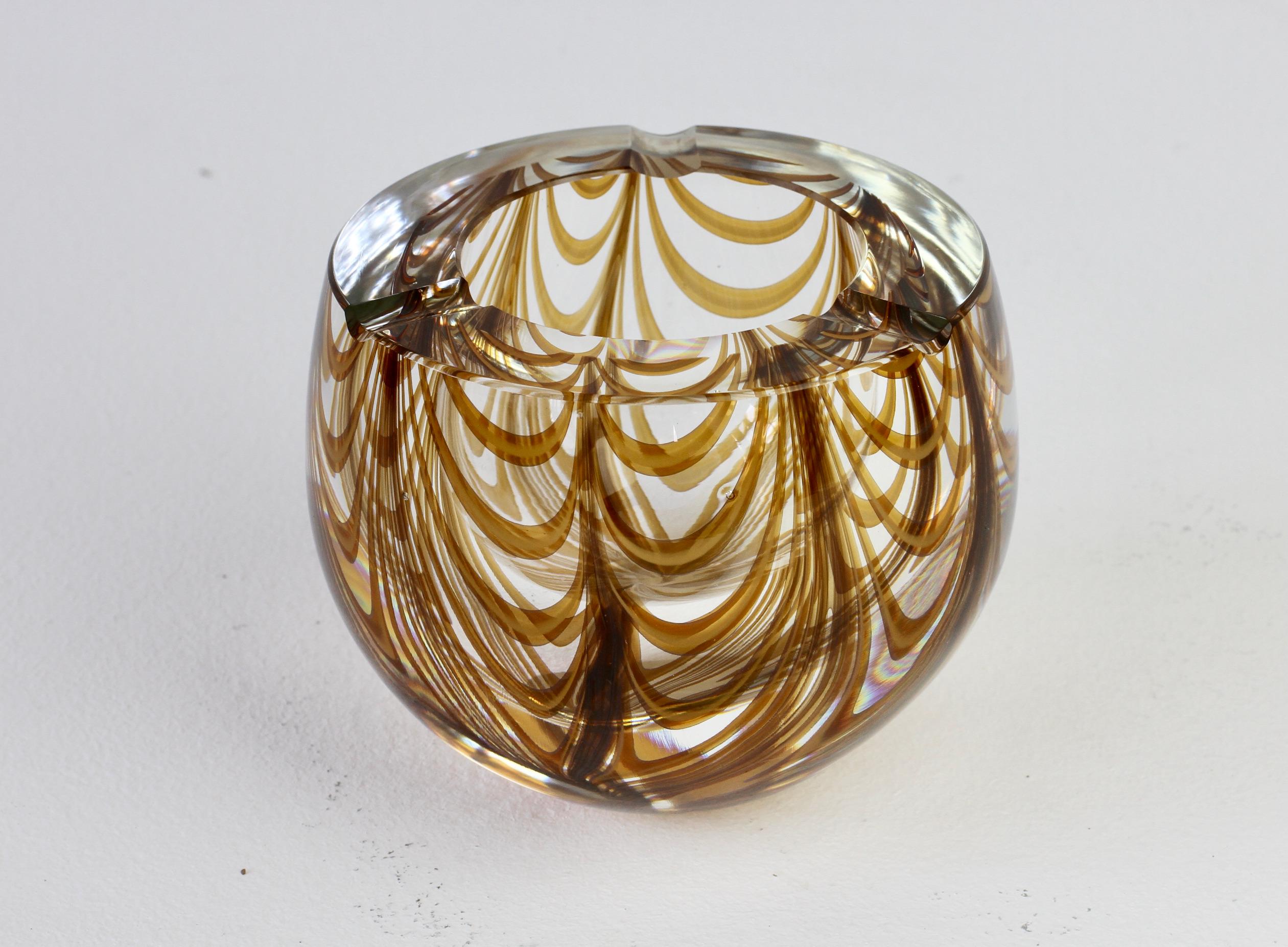 20th Century Large Signed Cenedese 1970s Italian Amber 'Zebrato' Clear Murano Glass Ashtray For Sale