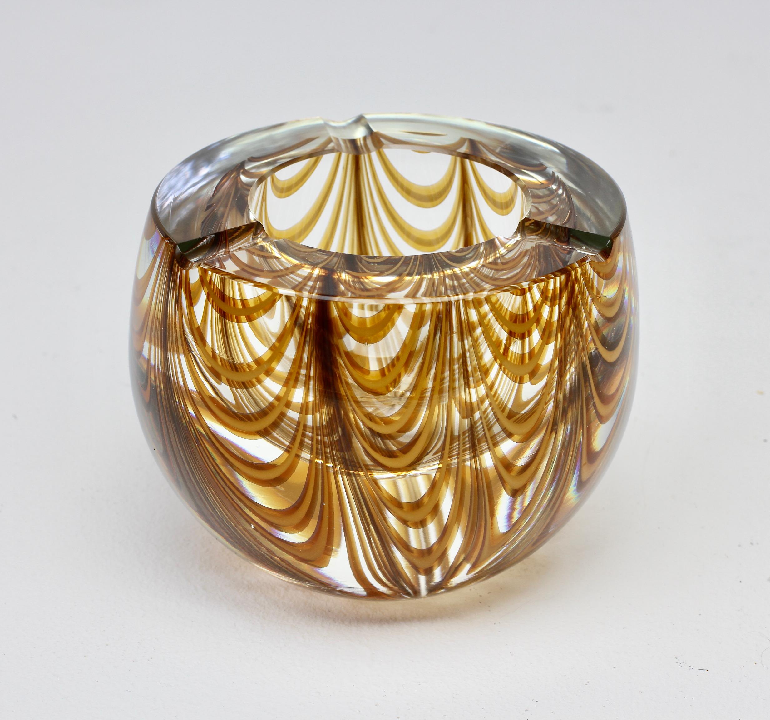 Large Signed Cenedese 1970s Italian Amber 'Zebrato' Clear Murano Glass Ashtray 1