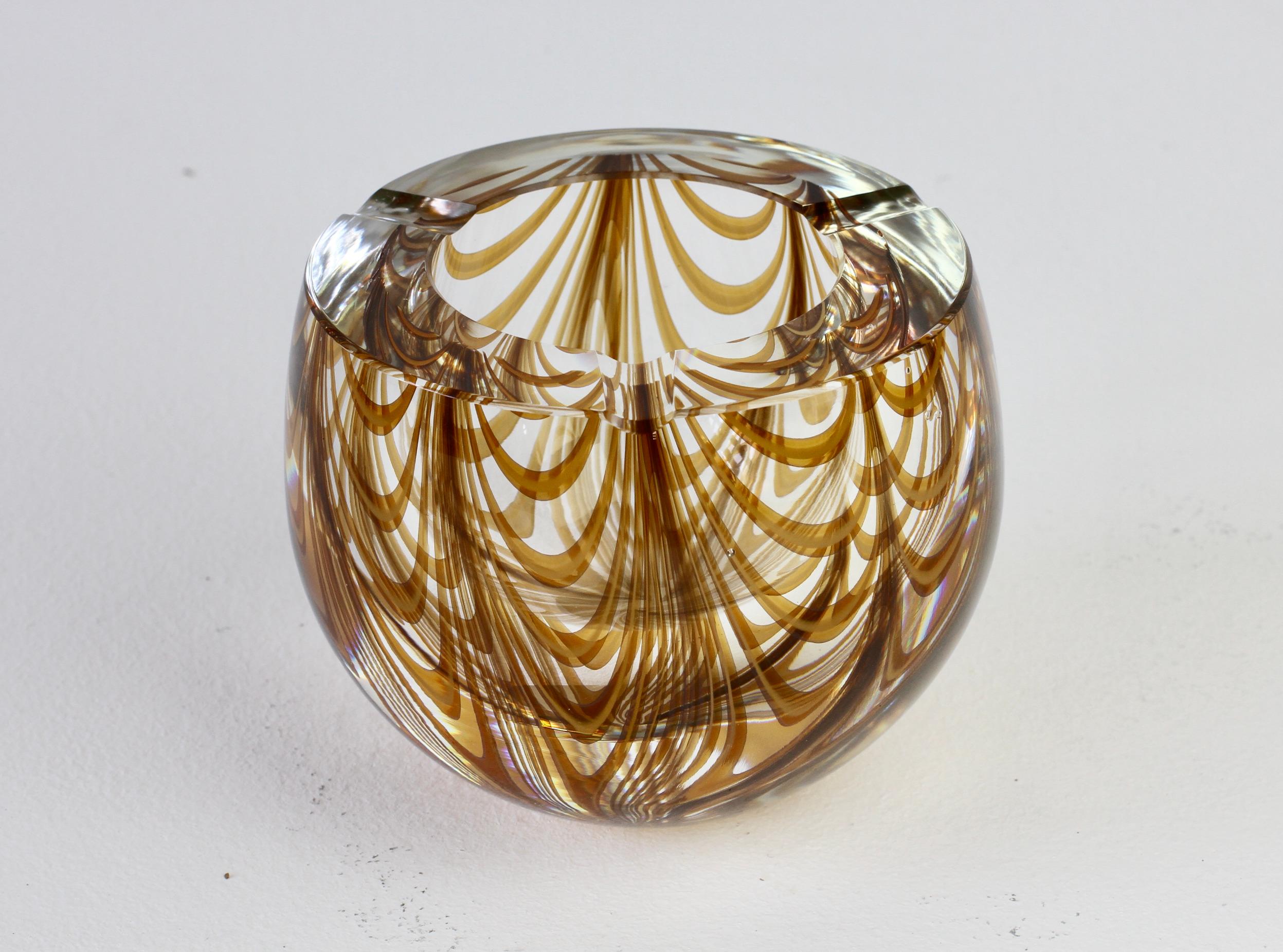 Blown Glass Large Signed Cenedese 1970s Italian Amber 'Zebrato' Clear Murano Glass Ashtray For Sale