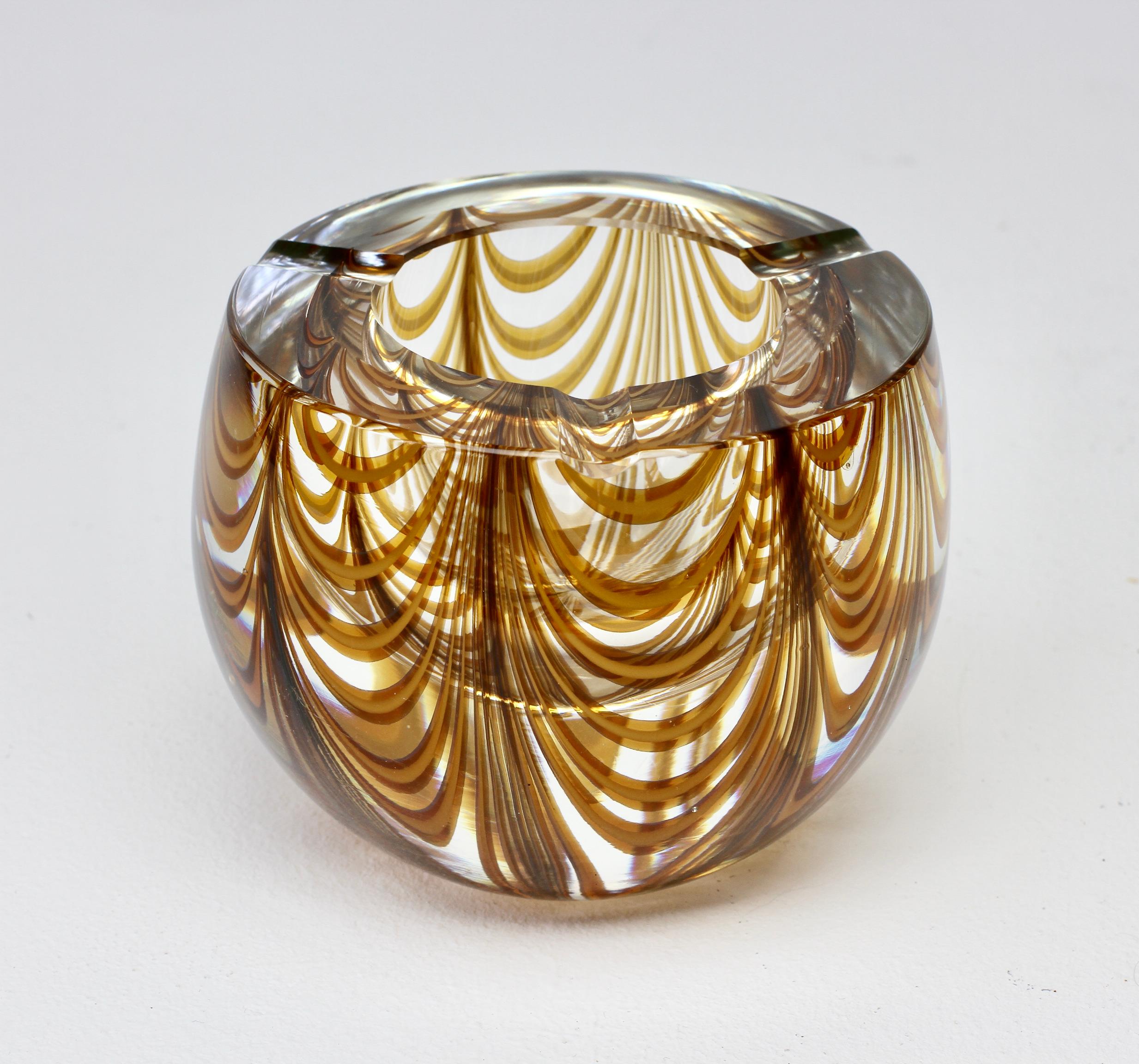 Large Signed Cenedese 1970s Italian Amber 'Zebrato' Clear Murano Glass Ashtray 2