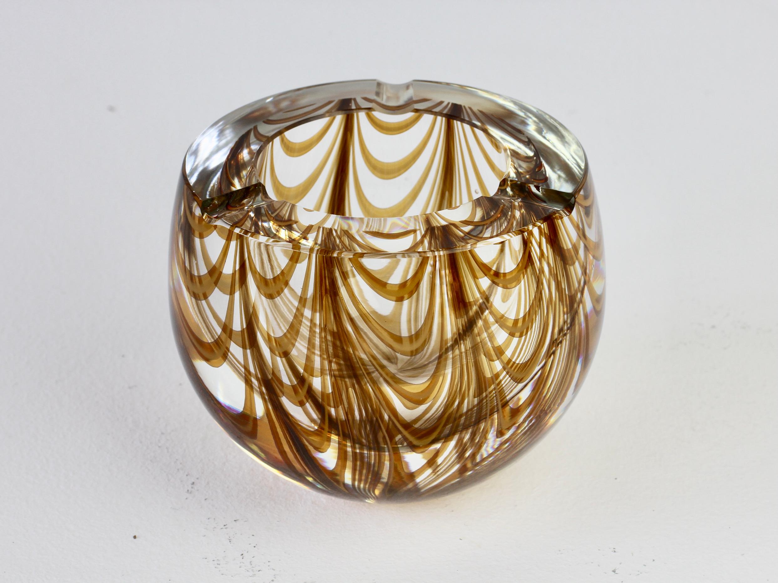 Large Signed Cenedese 1970s Italian Amber 'Zebrato' Clear Murano Glass Ashtray For Sale 1