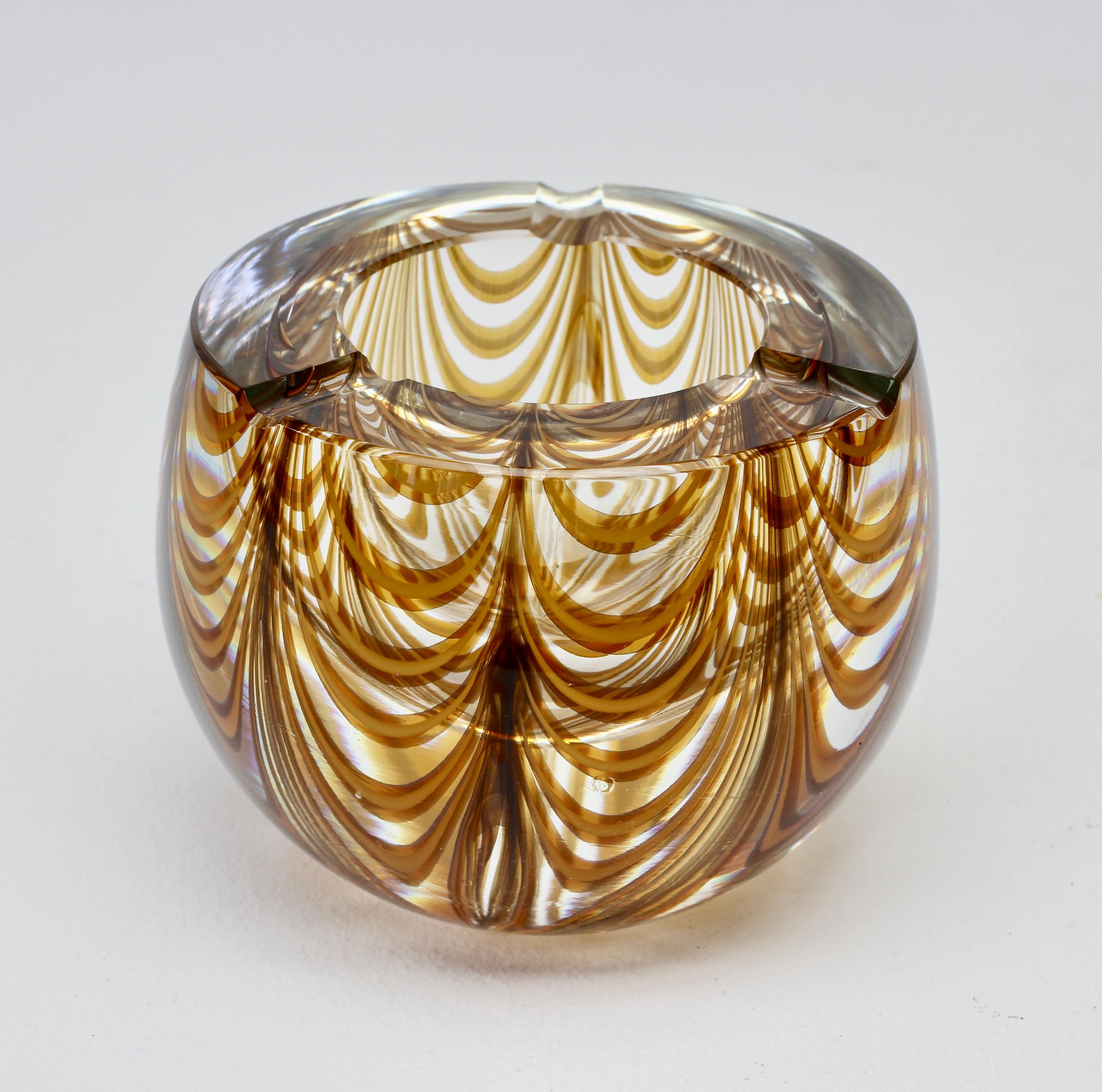 Large Signed Cenedese 1970s Italian Amber 'Zebrato' Clear Murano Glass Ashtray 3