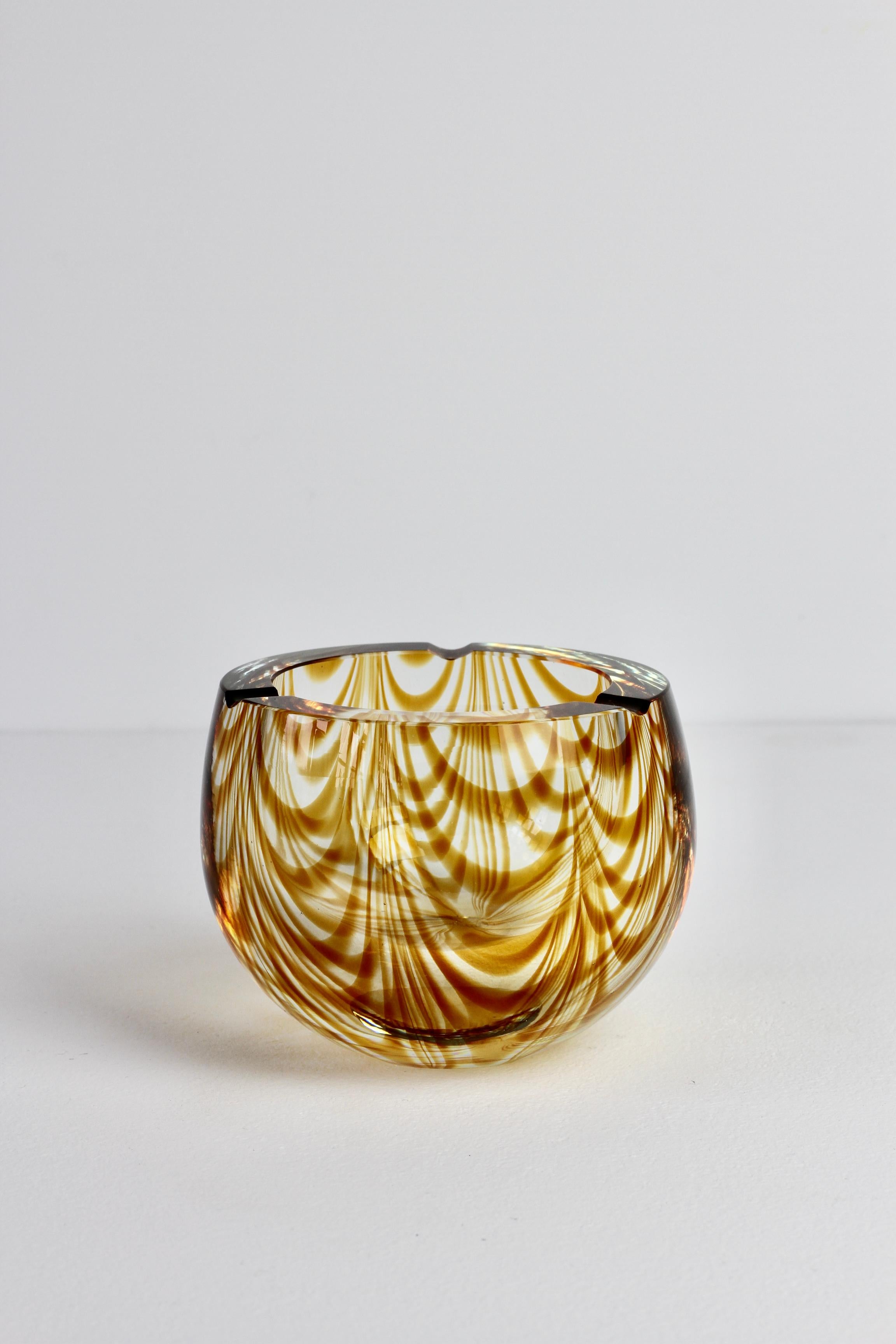 Large Signed Cenedese 1970s Italian Amber 'Zebrato' Clear Murano Glass Ashtray 3