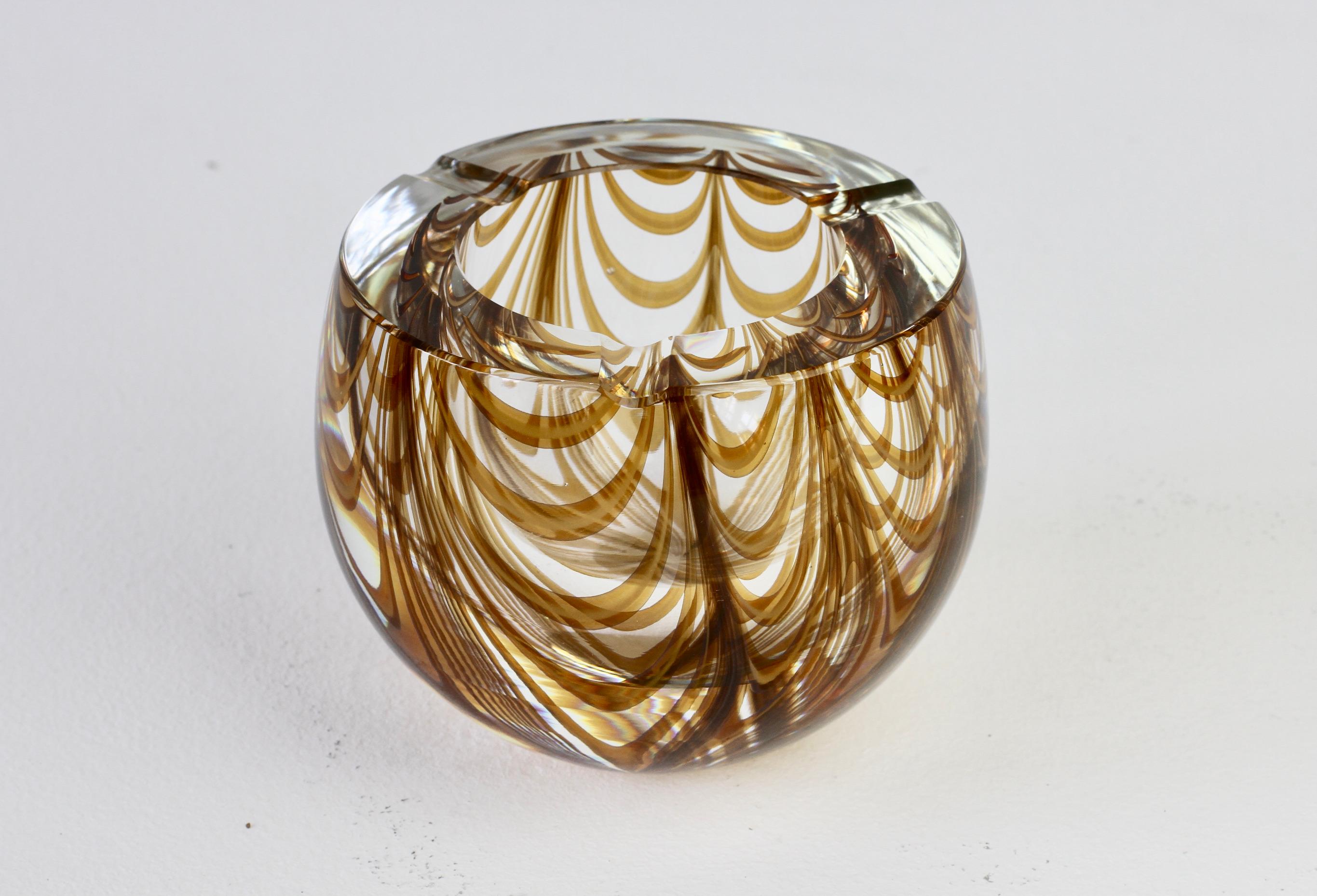 Large Signed Cenedese 1970s Italian Amber 'Zebrato' Clear Murano Glass Ashtray For Sale 2