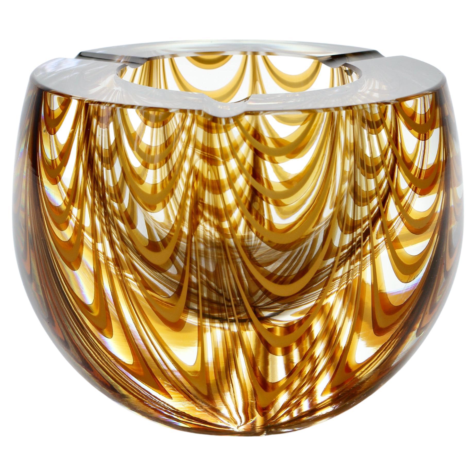 Large Signed Cenedese 1970s Italian Amber 'Zebrato' Clear Murano Glass Ashtray
