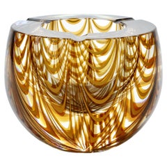 Large Signed Cenedese 1970s Italian Amber 'Zebrato' Clear Murano Glass Ashtray