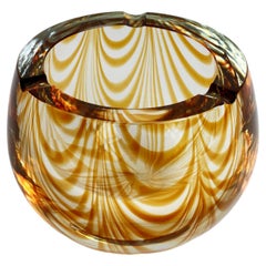Large Signed Cenedese 1970s Italian Amber ''Zebrato'' Clear Murano Glass Ashtray