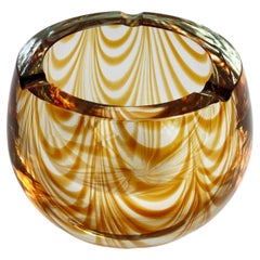 Large Signed Cenedese 1970s Italian Amber 'Zebrato' Clear Murano Glass Ashtray