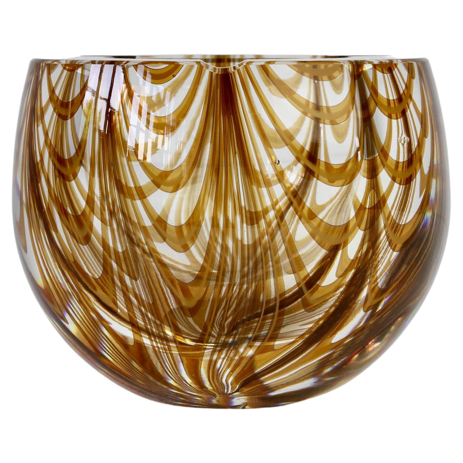 Large Signed Cenedese 1970s Italian Amber 'Zebrato' Clear Murano Glass Ashtray For Sale