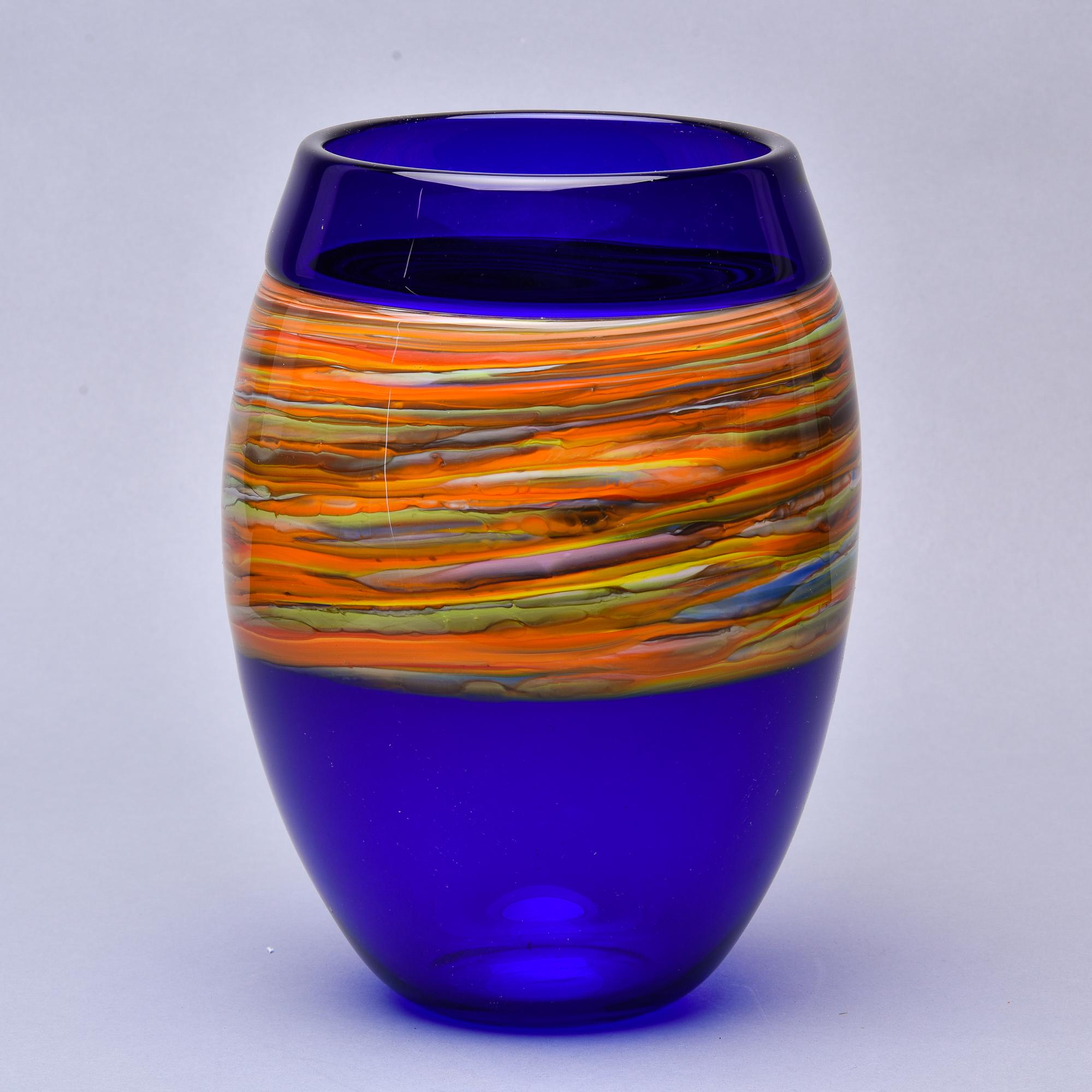 Mid-Century Modern Large Signed Cenedese Blue Murano Glass Vase with Wide Multi Color Band For Sale