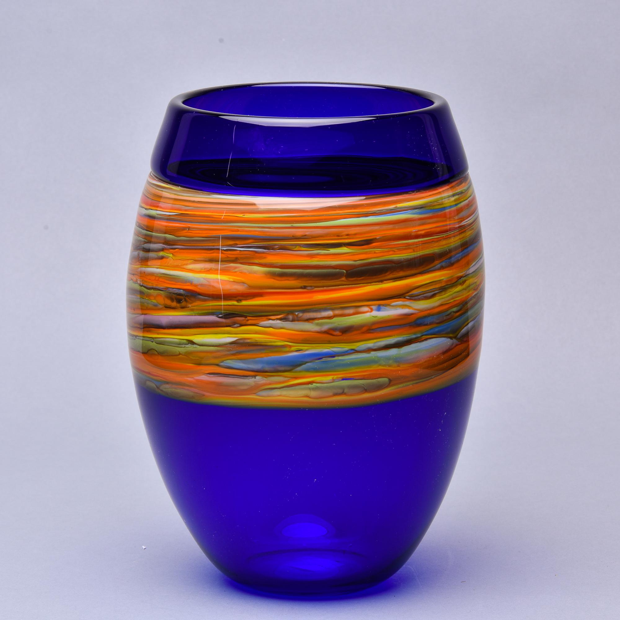 Italian Large Signed Cenedese Blue Murano Glass Vase with Wide Multi Color Band For Sale
