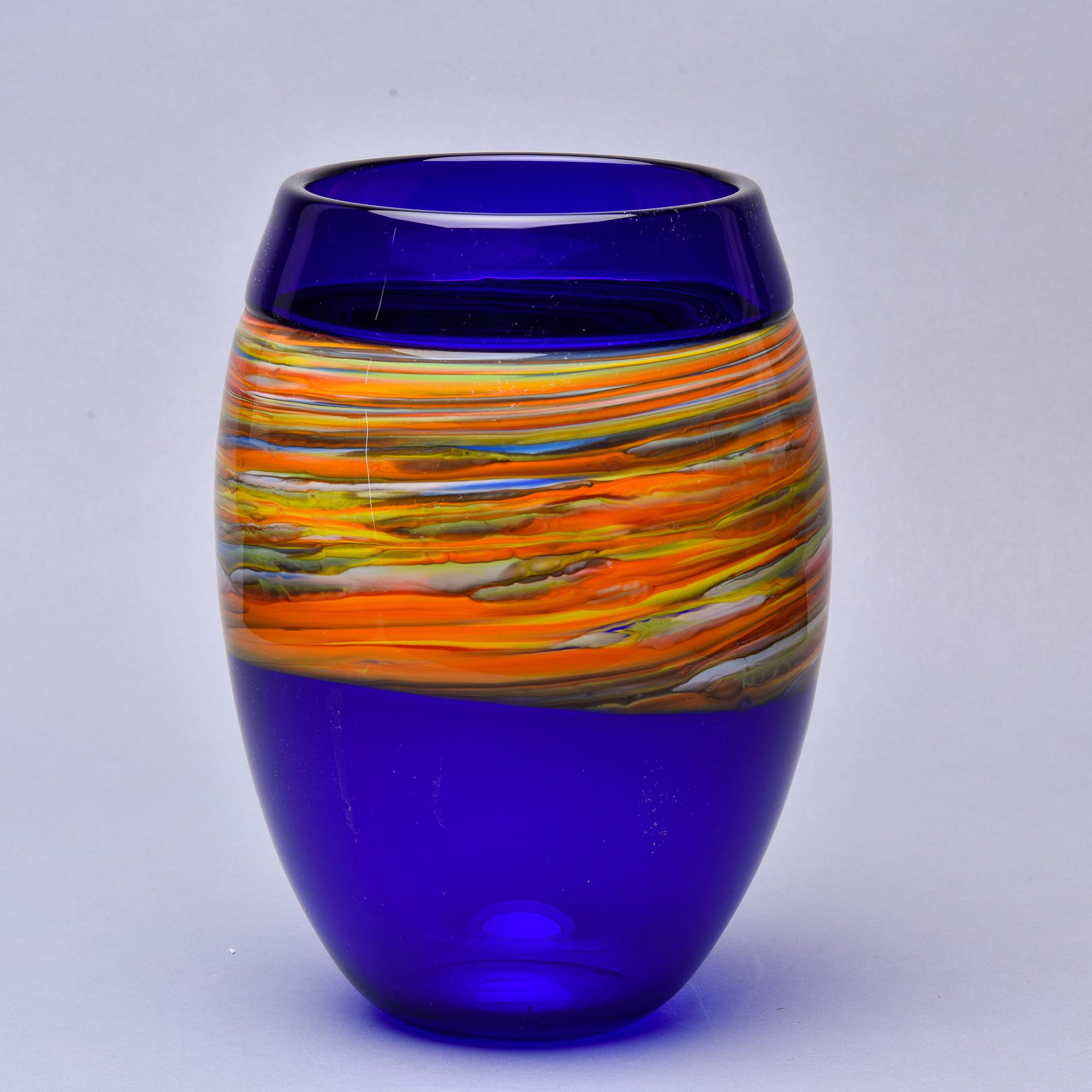 Large Signed Cenedese Blue Murano Glass Vase with Wide Multi Color Band In Good Condition For Sale In Troy, MI