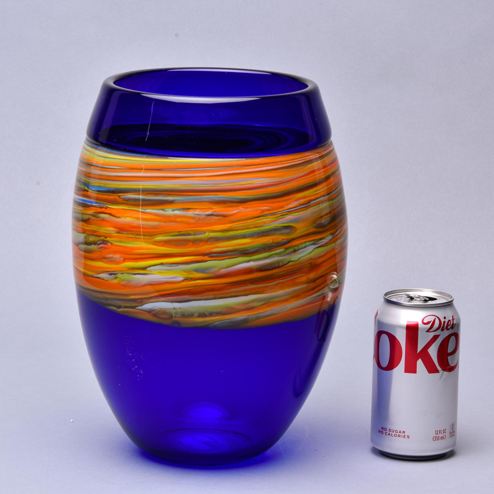 20th Century Large Signed Cenedese Blue Murano Glass Vase with Wide Multi Color Band For Sale