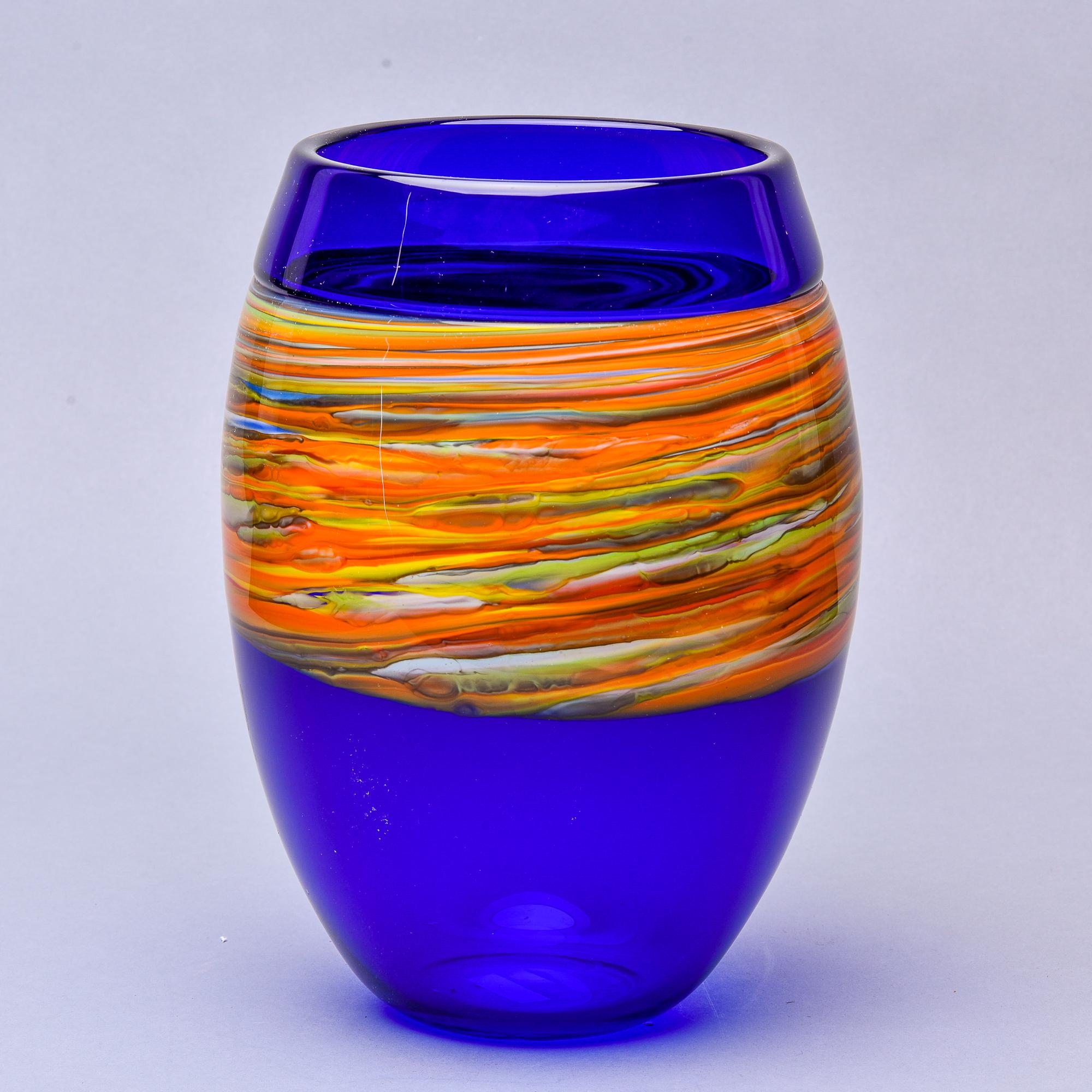 Large Signed Cenedese Blue Murano Glass Vase with Wide Multi Color Band For Sale 3