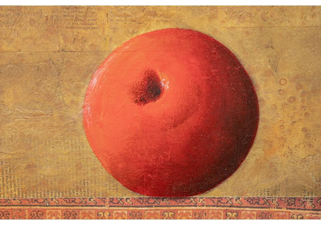 Gran obra contemporánea firmada de técnica mixta sobre tabla, manzanas y alfombras siglo XX en venta