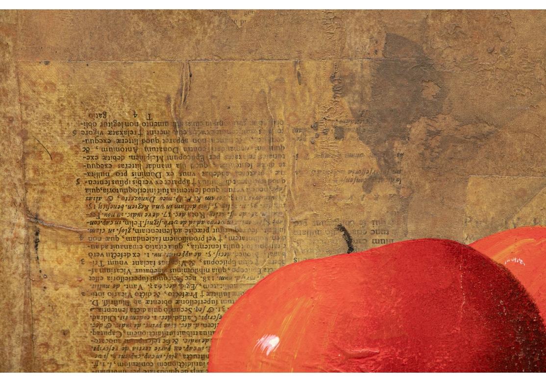 Gran obra contemporánea firmada de técnica mixta sobre tabla, manzanas y alfombras en venta 3