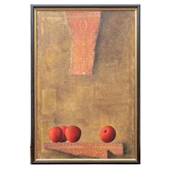 Gran obra contemporánea firmada de técnica mixta sobre tabla, manzanas y alfombras