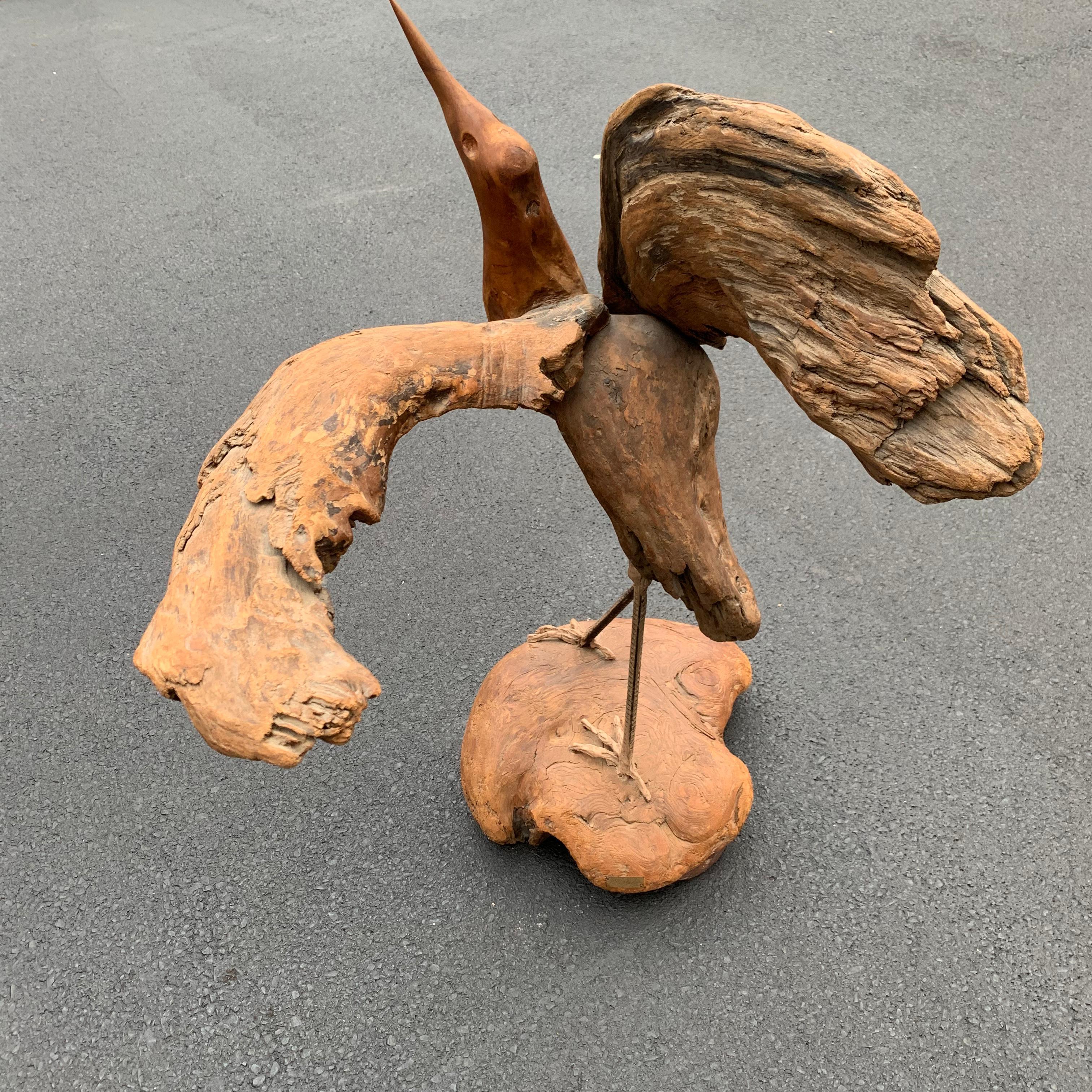 Large Signed Driftwood Crane Sculpture On A Wooden Base, 1975 For Sale 1