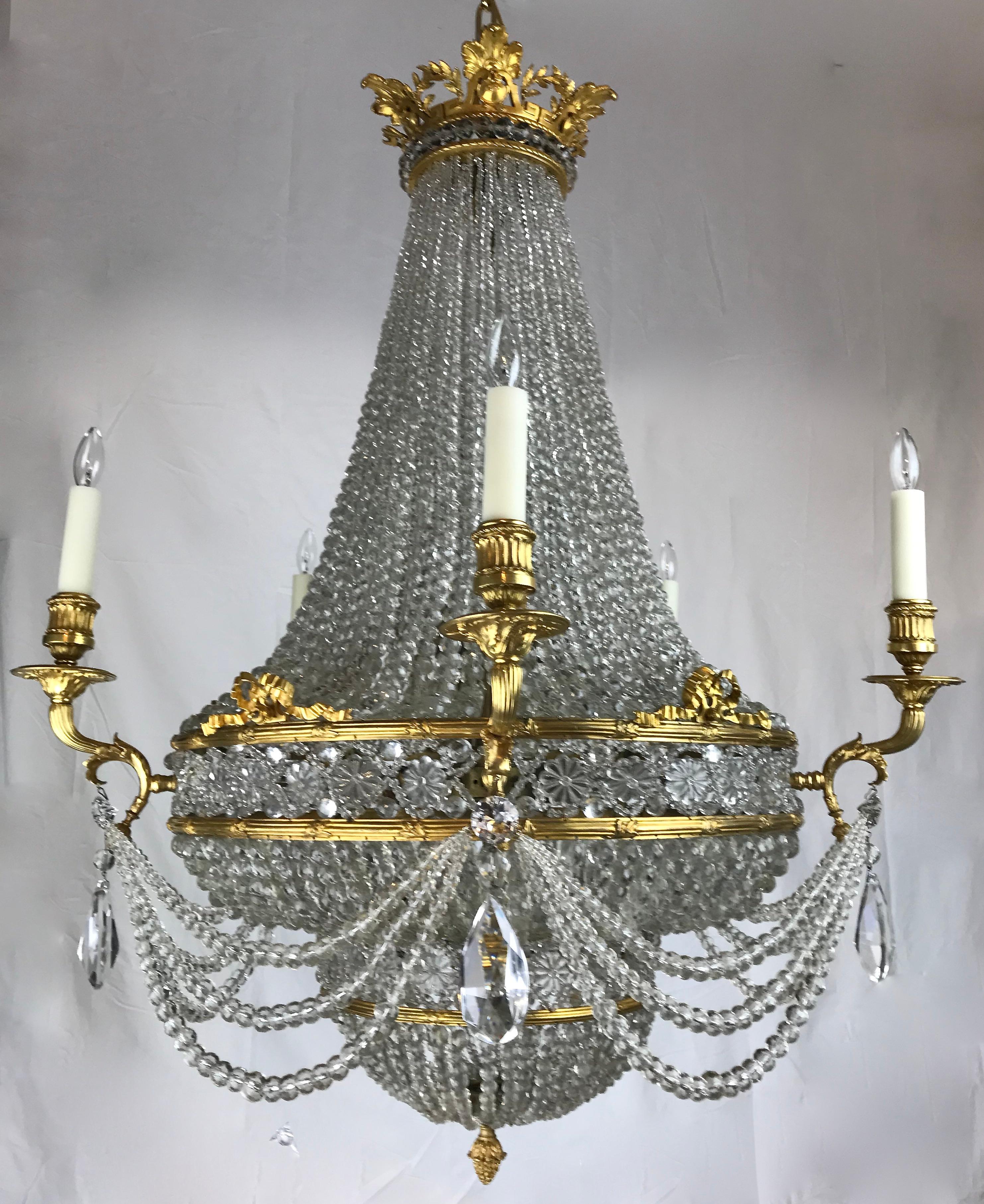Large Signed E. F. Caldwell Bronze and Crystal Empire Style Chandelier For Sale 6
