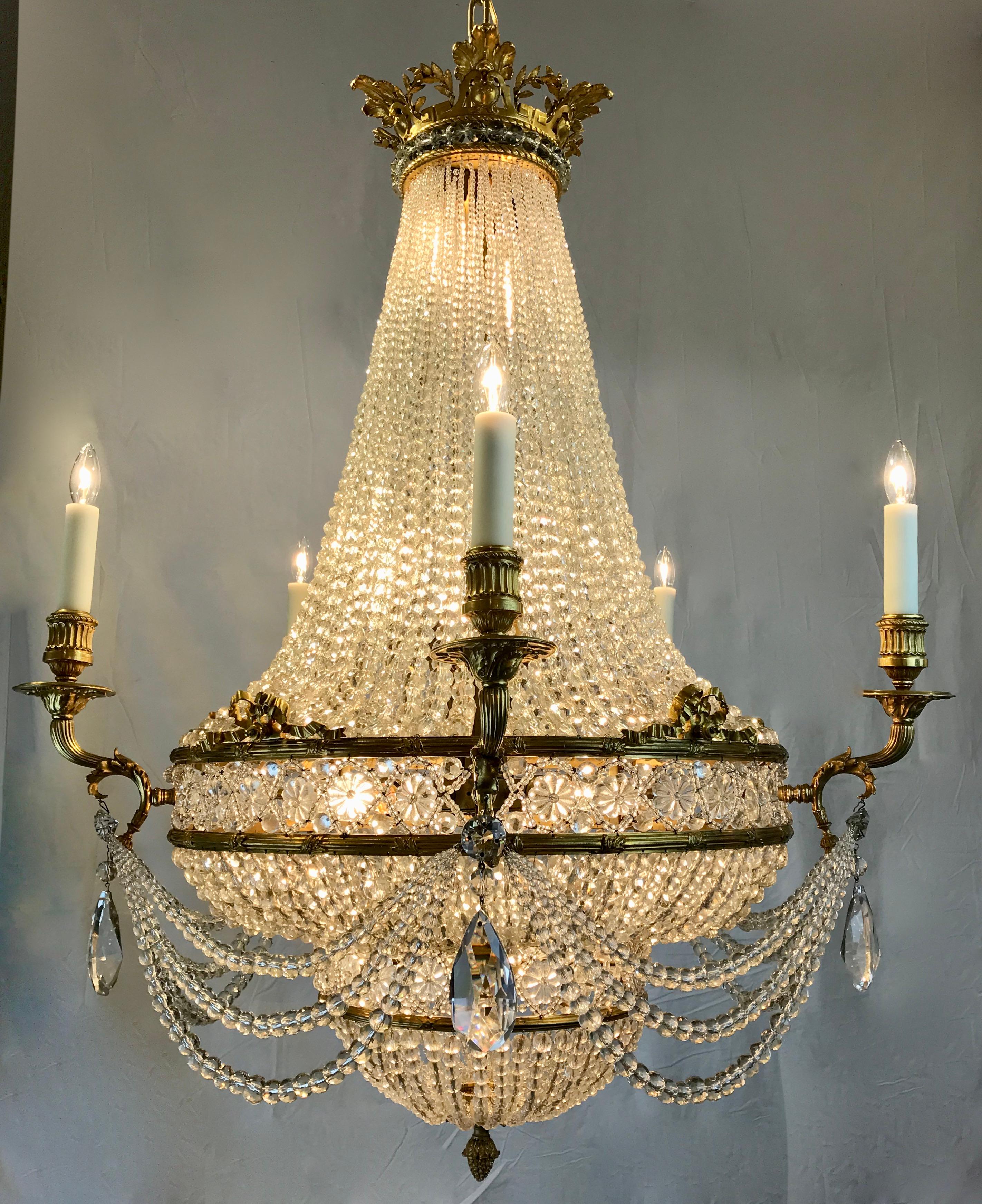 Large Signed E. F. Caldwell Bronze and Crystal Empire Style Chandelier For Sale 8