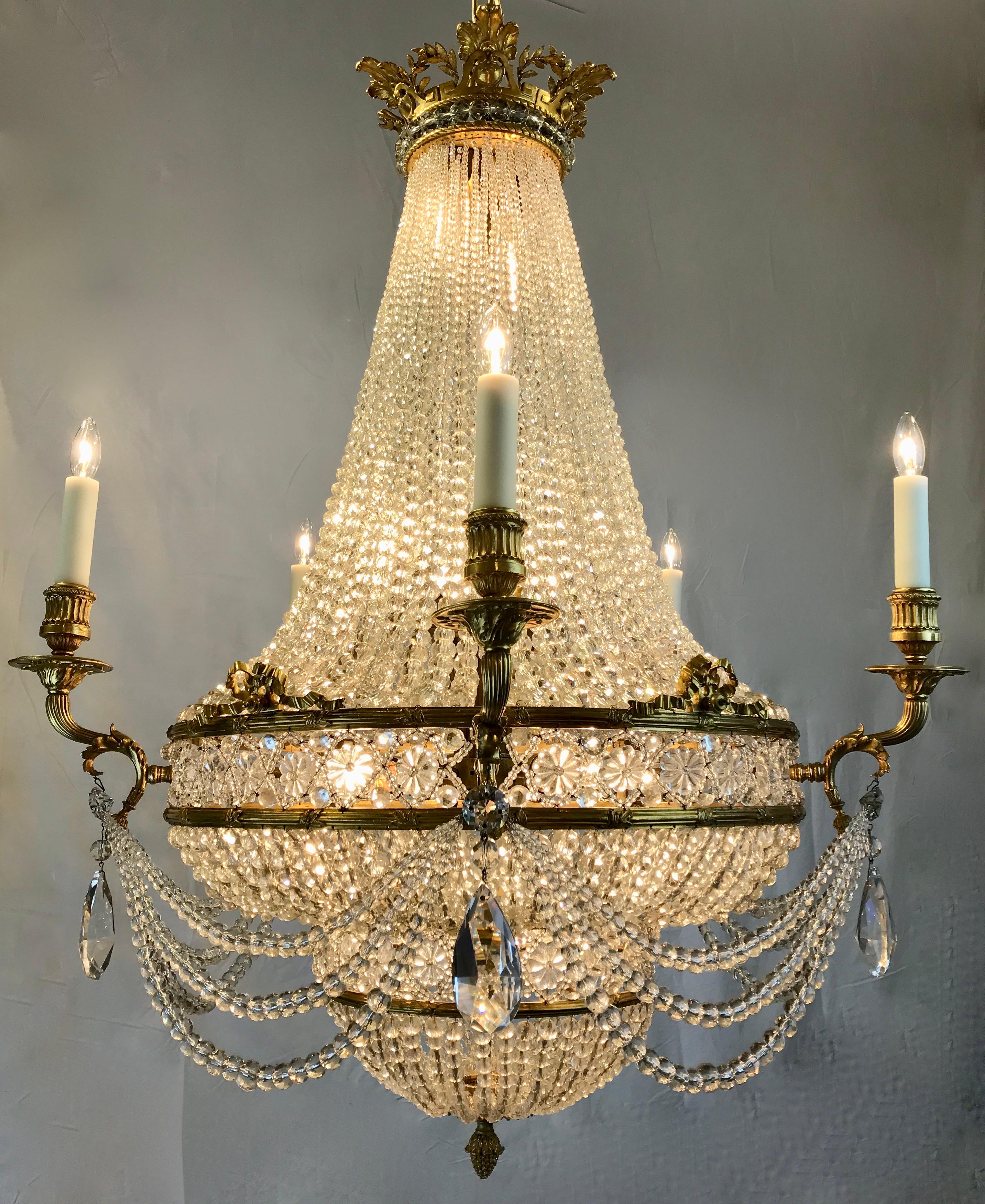 Large Signed E. F. Caldwell Bronze and Crystal Empire Style Chandelier For Sale 9