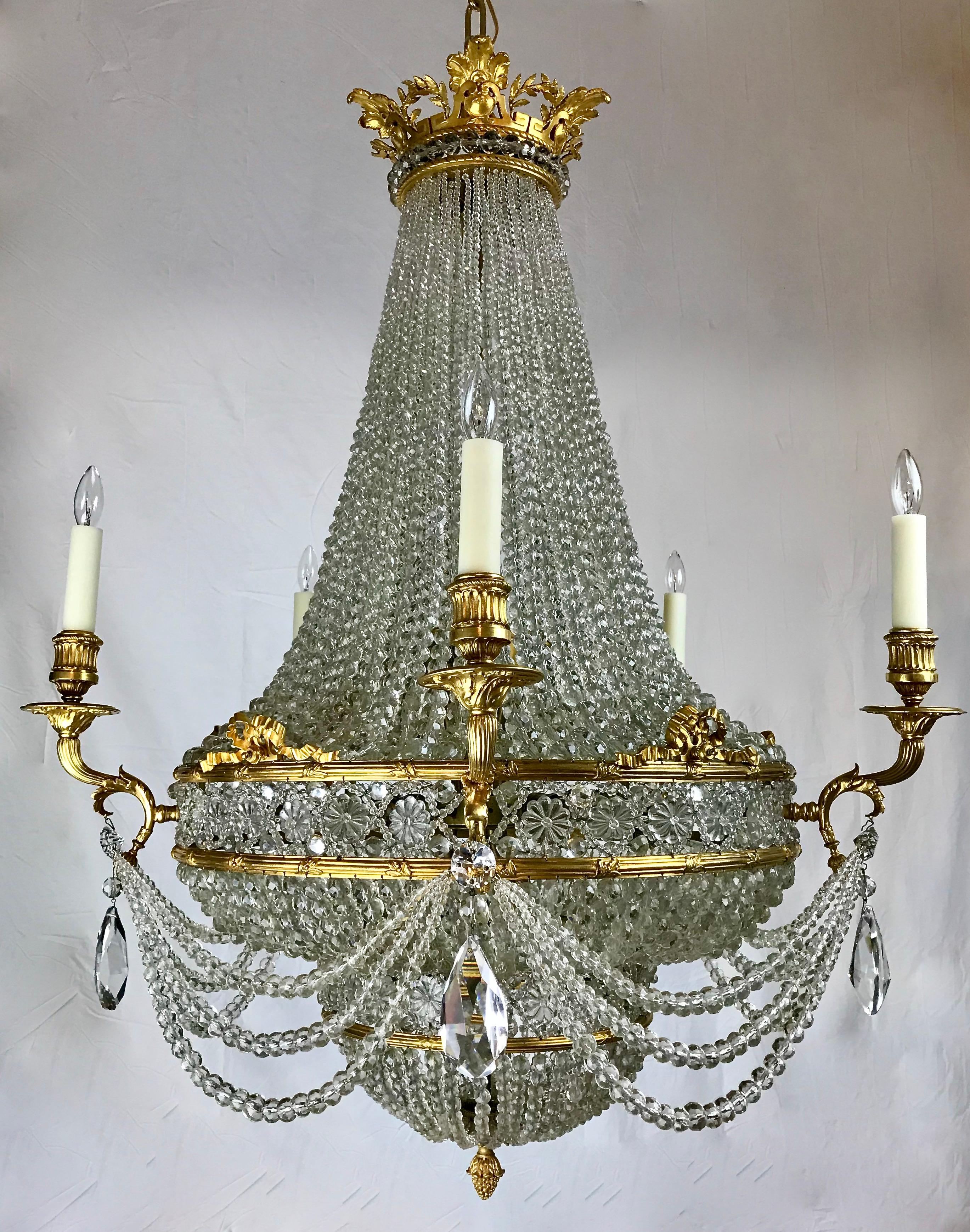Neoclassical Large Signed E. F. Caldwell Bronze and Crystal Empire Style Chandelier For Sale