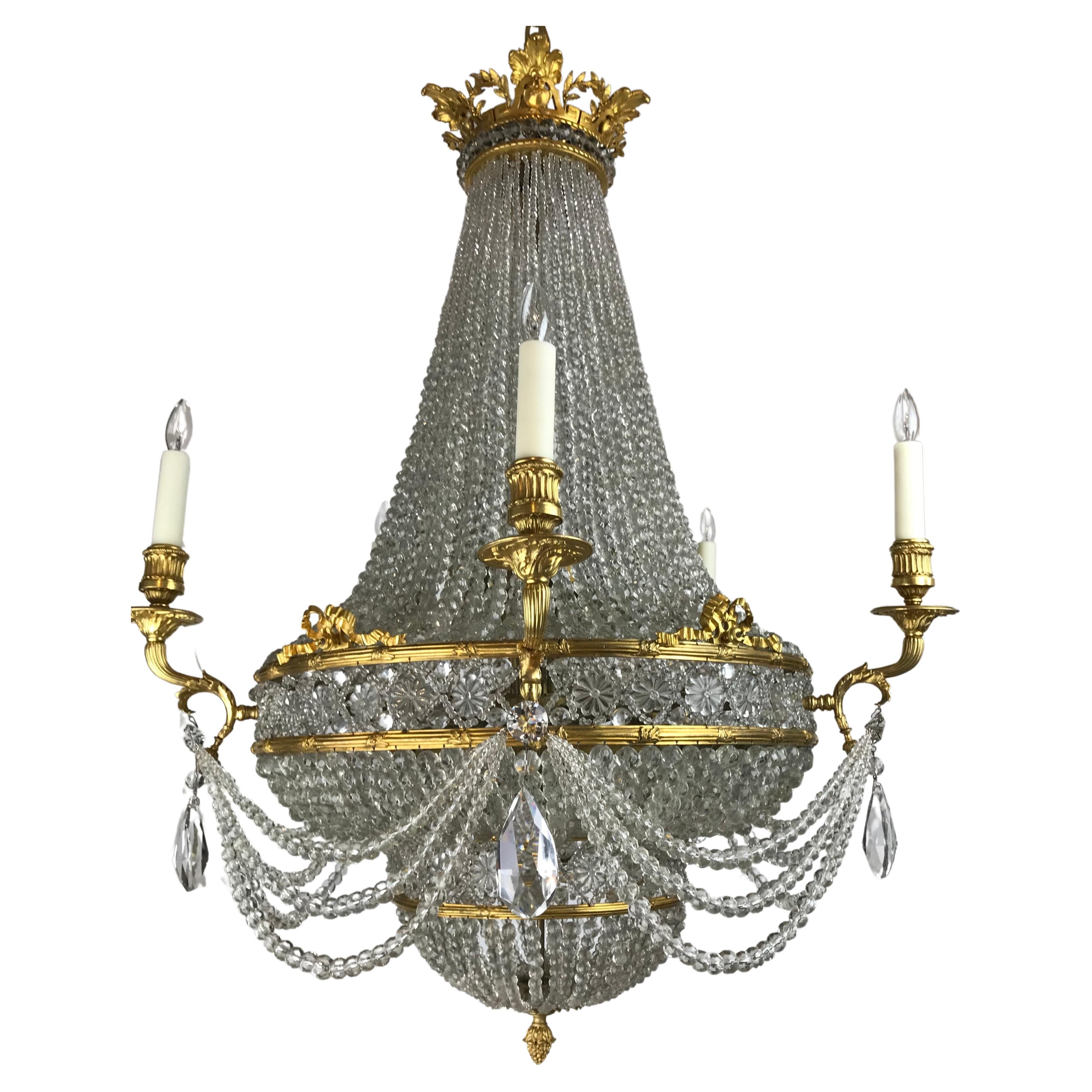 Large Signed E. F. Caldwell Bronze and Crystal Empire Style Chandelier For Sale