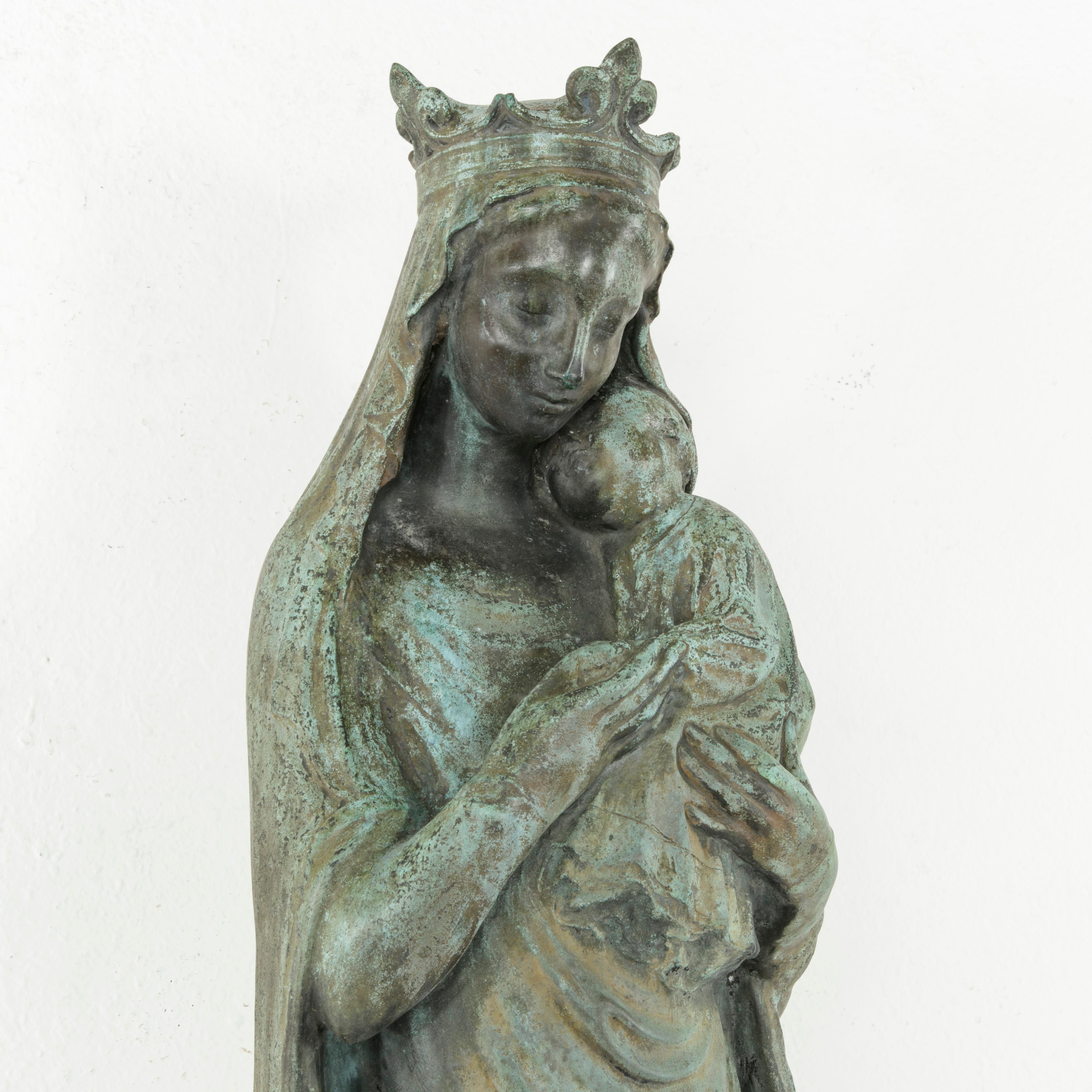 Large Signed Early 20th Century French Bronze Sculpture of Madonna and Child 4