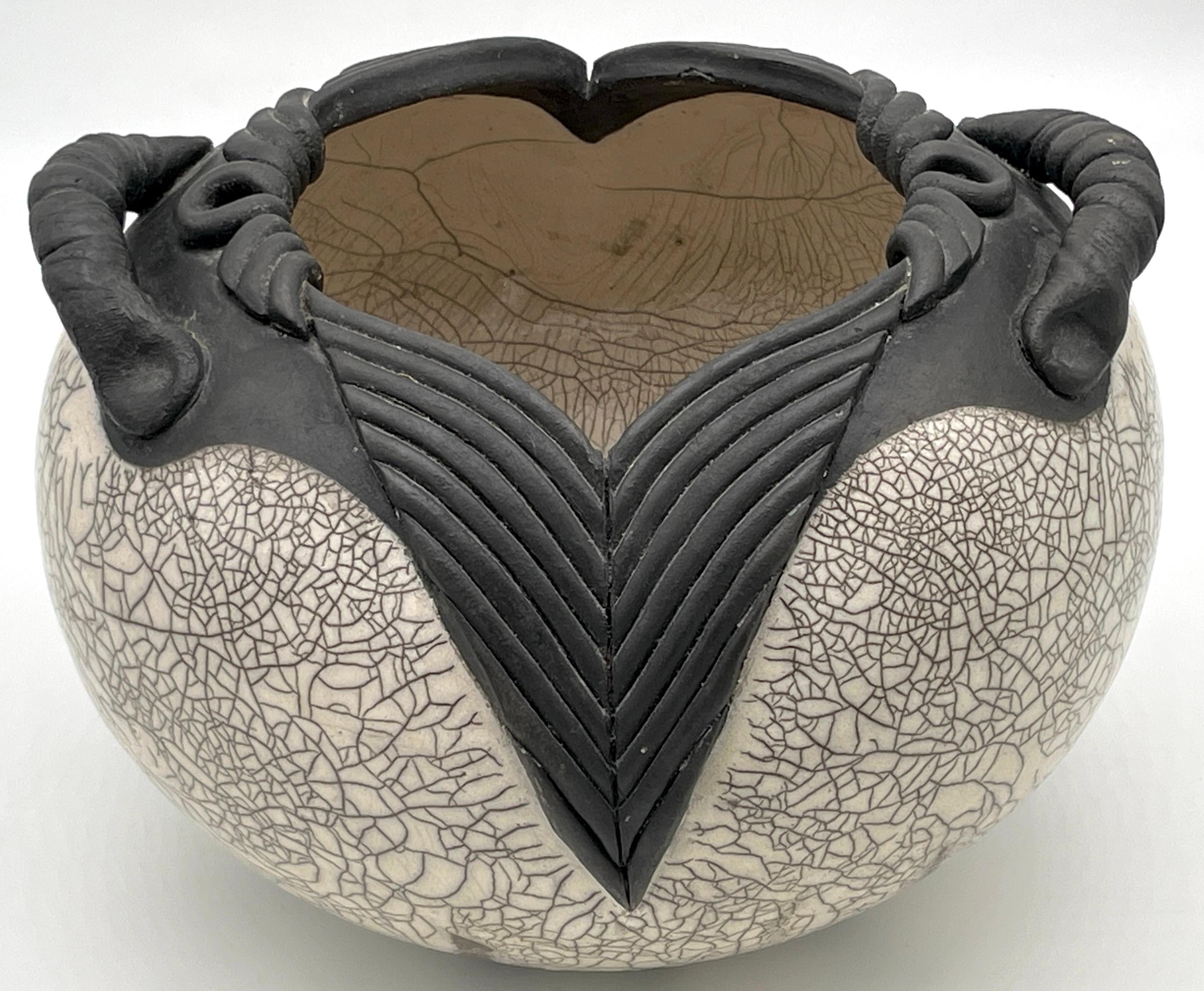 Modern Large Signed Earth Tone Raku Pottery Handled Vase For Sale