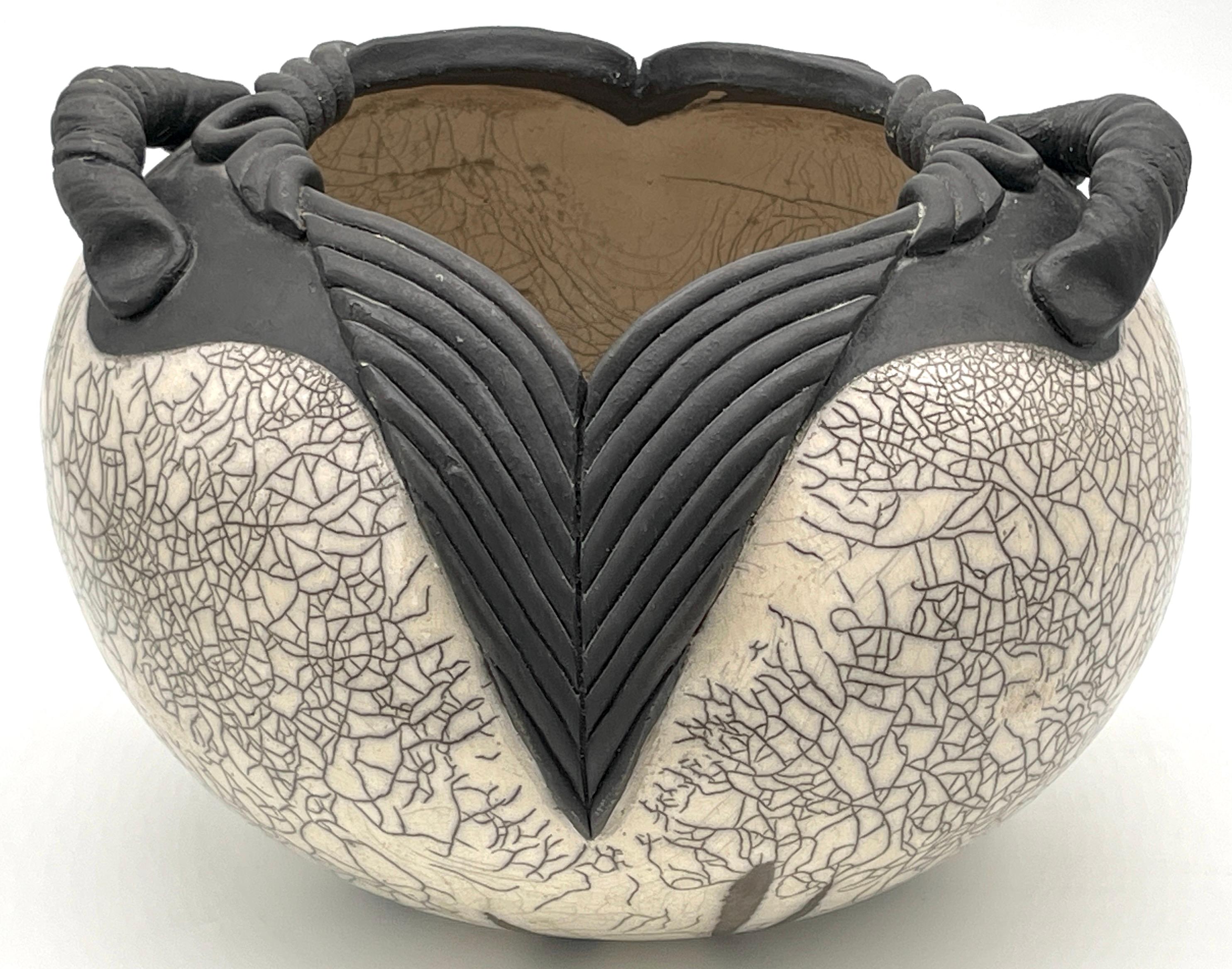 Glazed Large Signed Earth Tone Raku Pottery Handled Vase For Sale