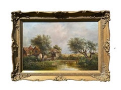 Large Signed English Countryside Landscape Oil Painting Cottage and Windmill