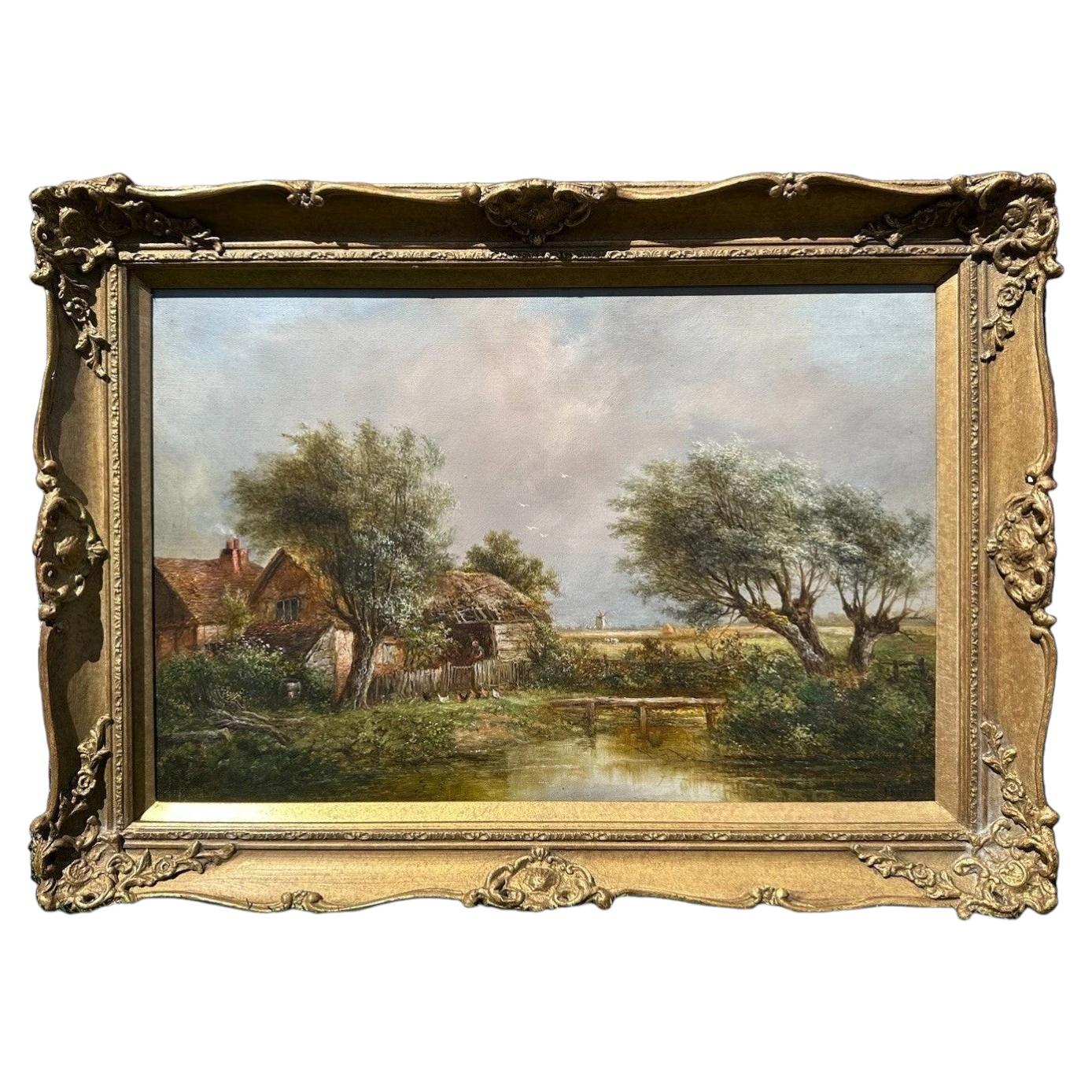 Large Signed English Countryside Landscape Oil Painting Cottage and Windmill