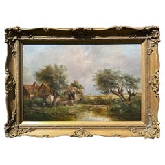 Large Signed English Countryside Landscape Oil Painting Cottage and Windmill