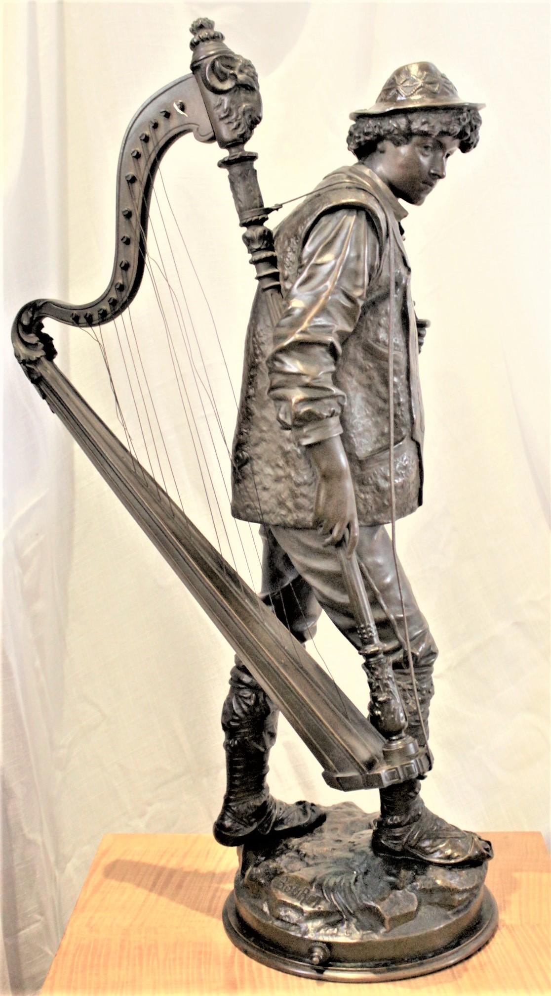 Romantic Large Signed Eutrope Bouret Bronze Sculpture of a Young Man Carrying a Harp For Sale