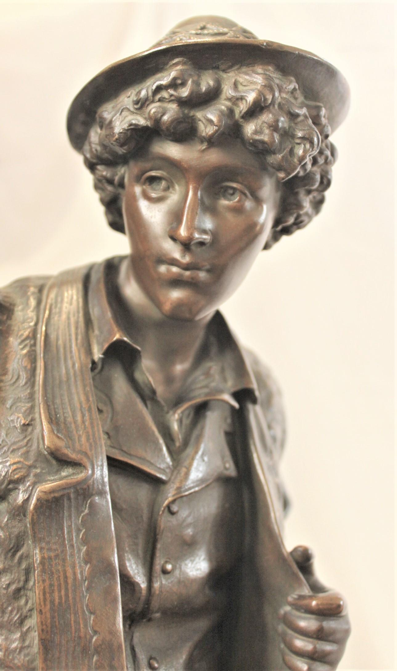 French Large Signed Eutrope Bouret Bronze Sculpture of a Young Man Carrying a Harp For Sale