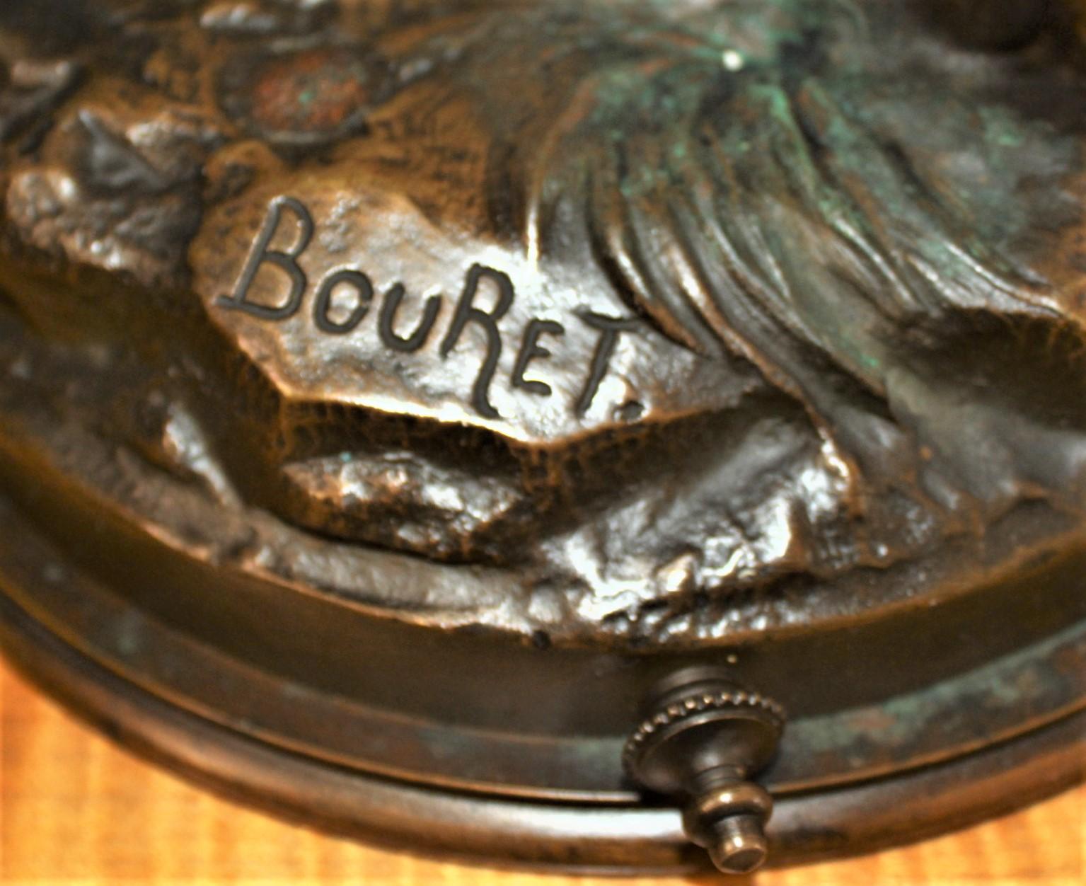 Large Signed Eutrope Bouret Bronze Sculpture of a Young Man Carrying a Harp In Good Condition For Sale In Hamilton, Ontario