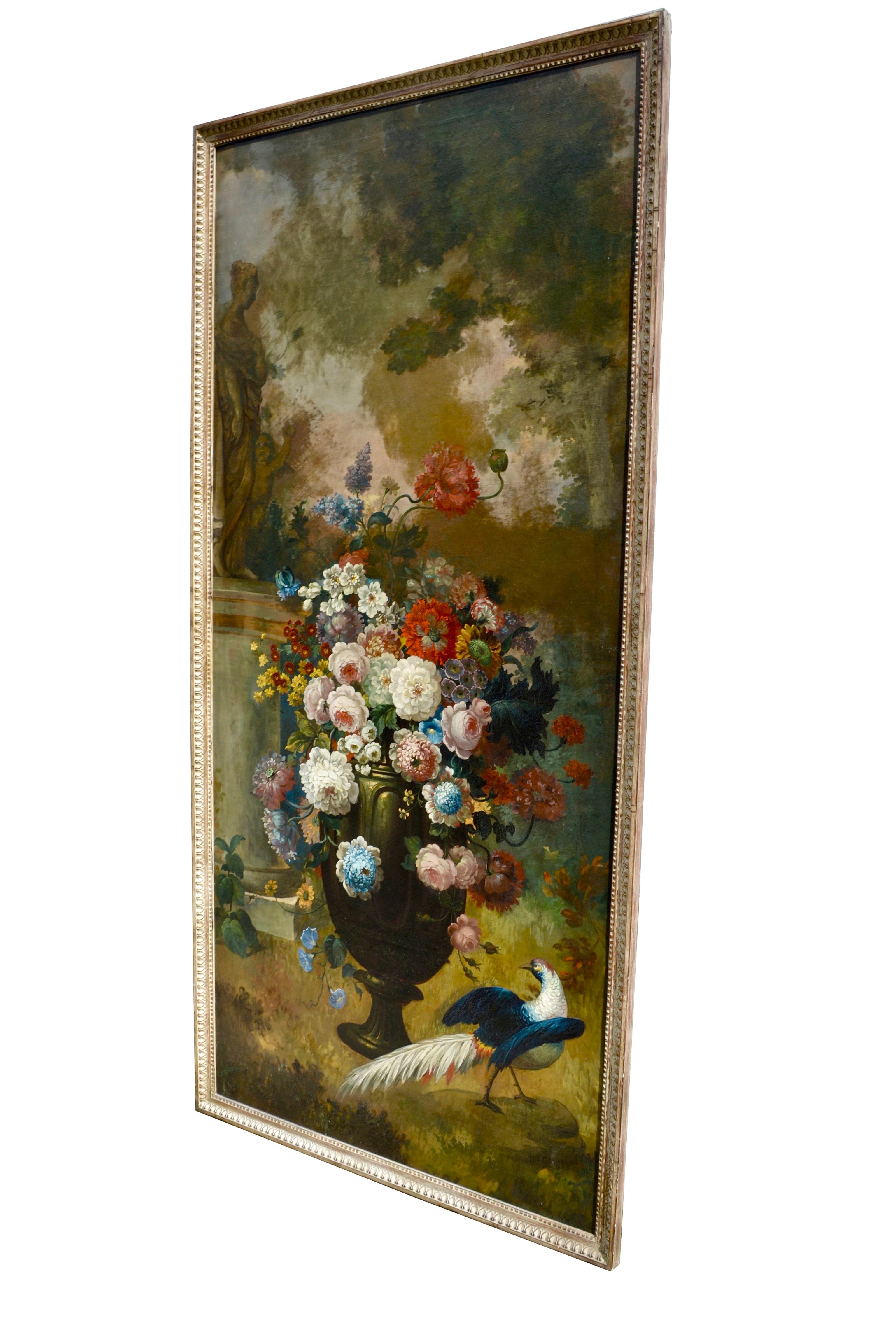 Romantic Large Signed Floral Still Life Painting with a Peacock