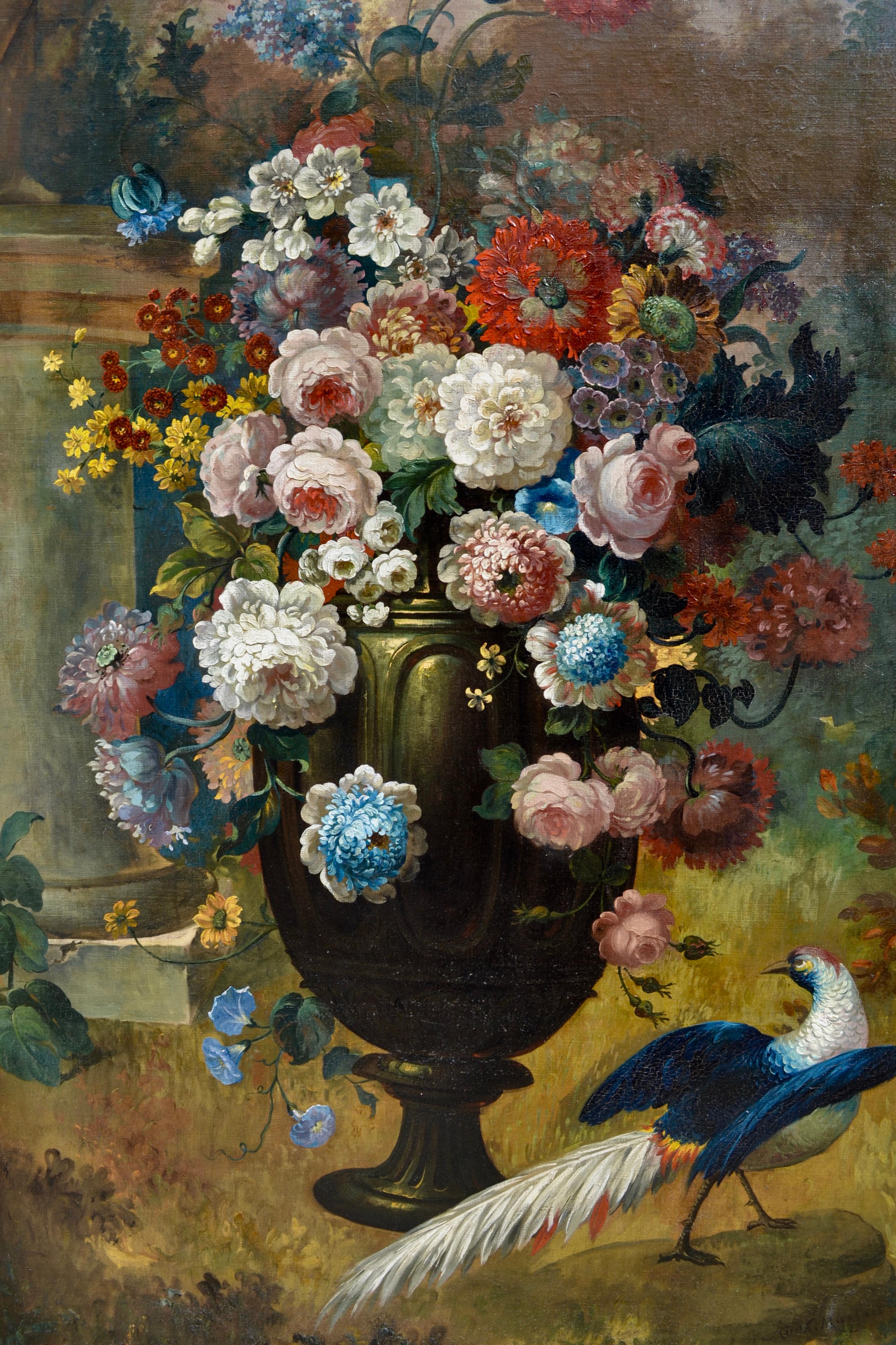 Hand-Painted Large Signed Floral Still Life Painting with a Peacock