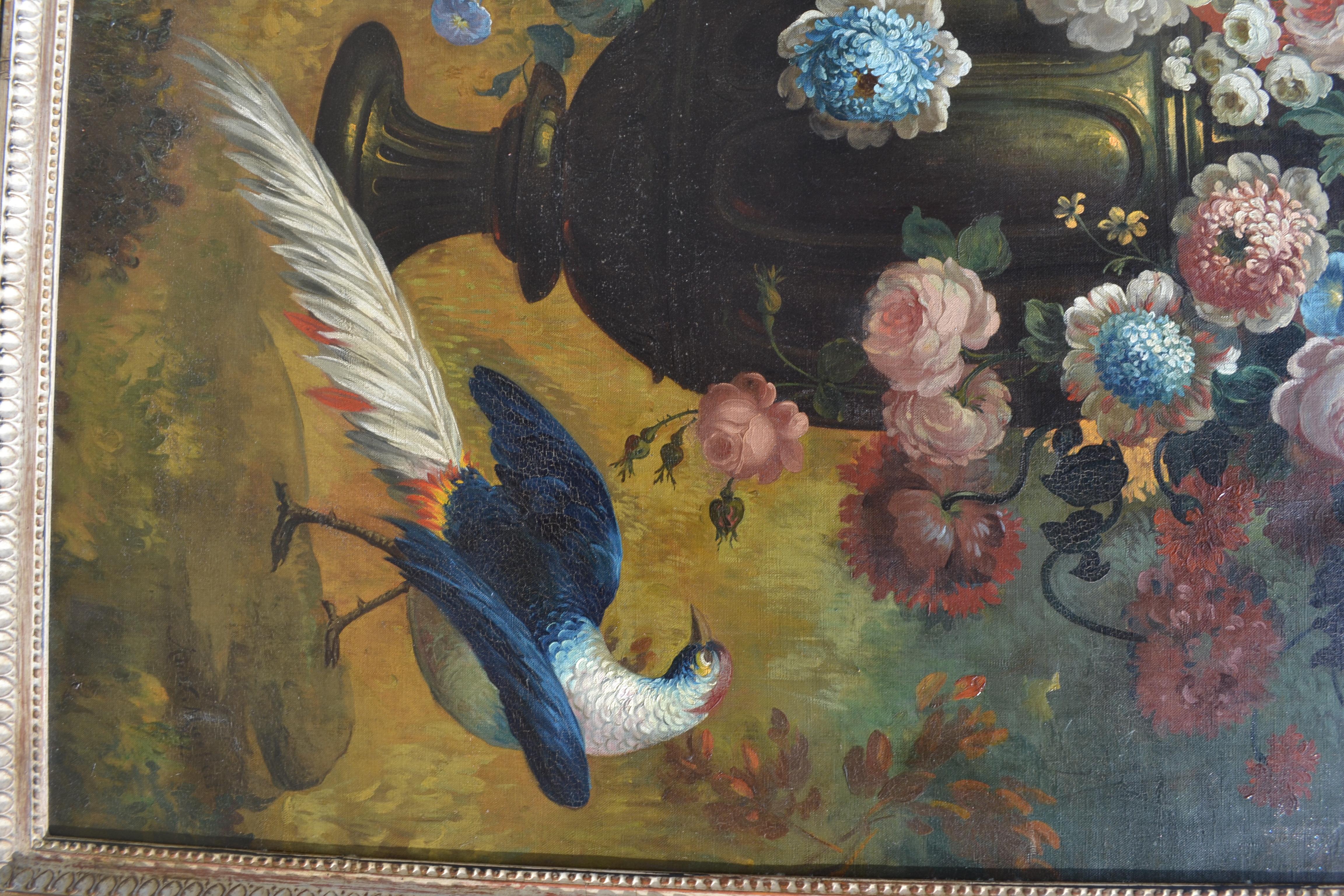 Large Signed Floral Still Life Painting with a Peacock In Good Condition In Vancouver, British Columbia