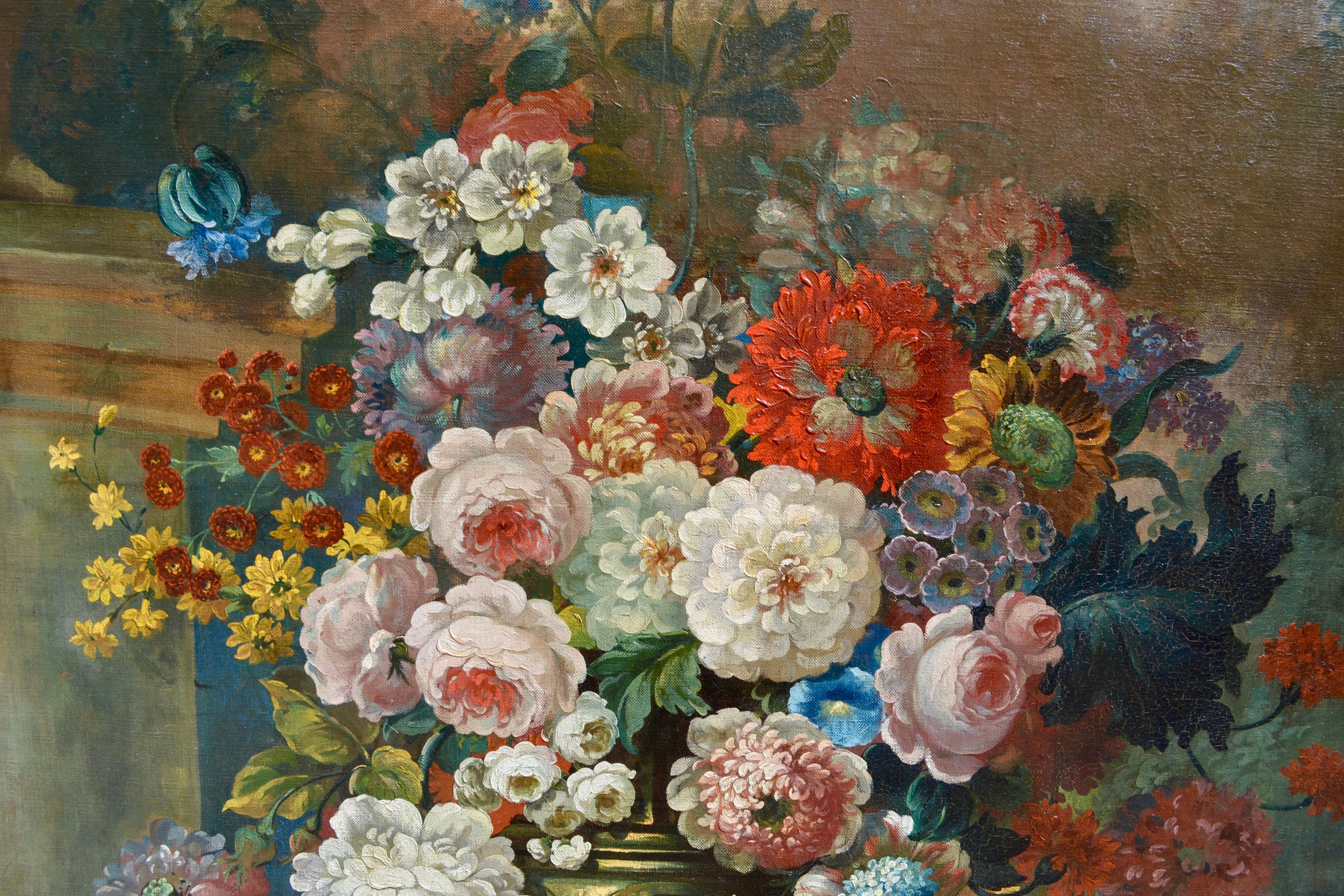 19th Century Large Signed Floral Still Life Painting with a Peacock