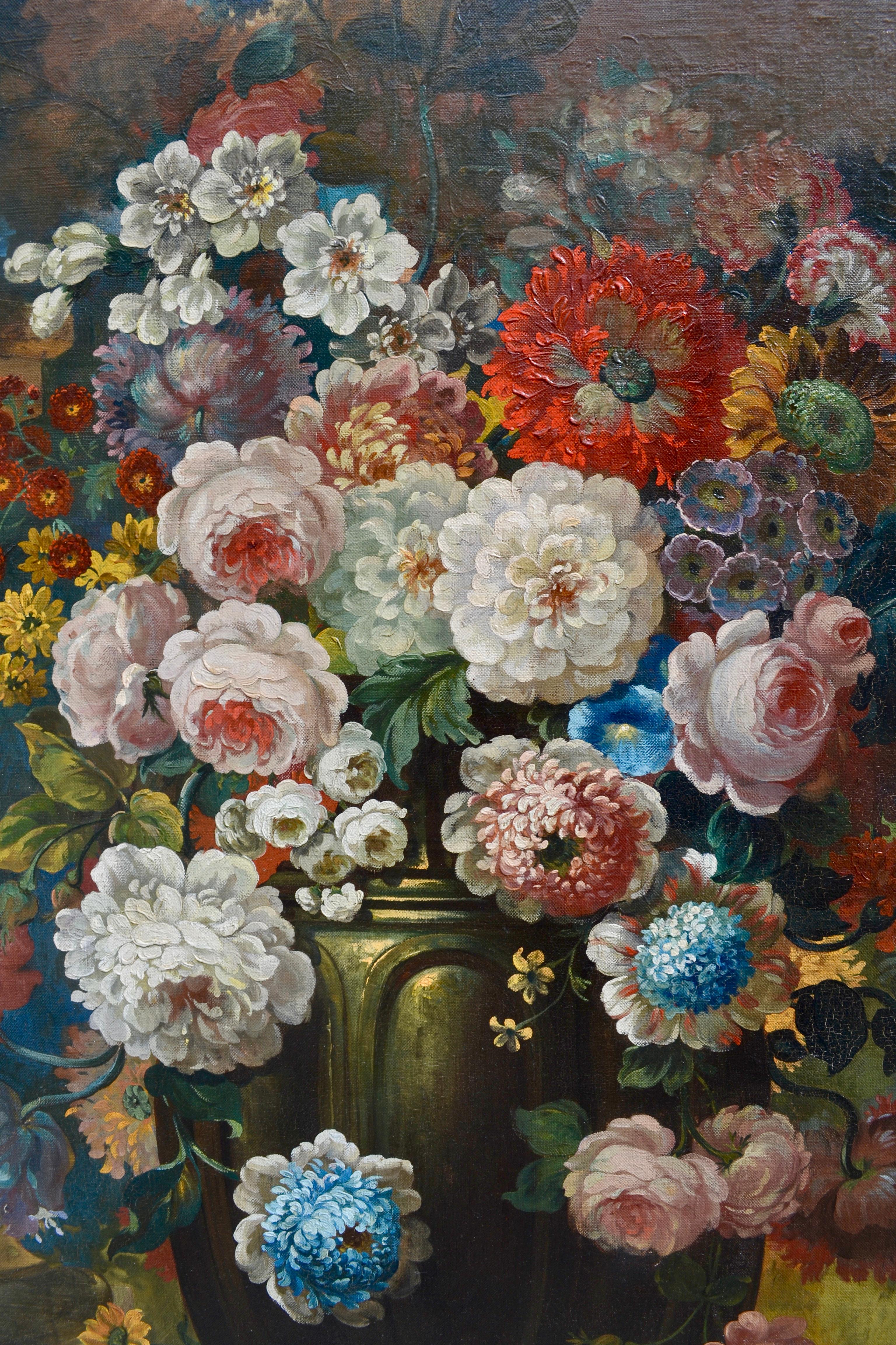 Large Signed Floral Still Life Painting with a Peacock 1