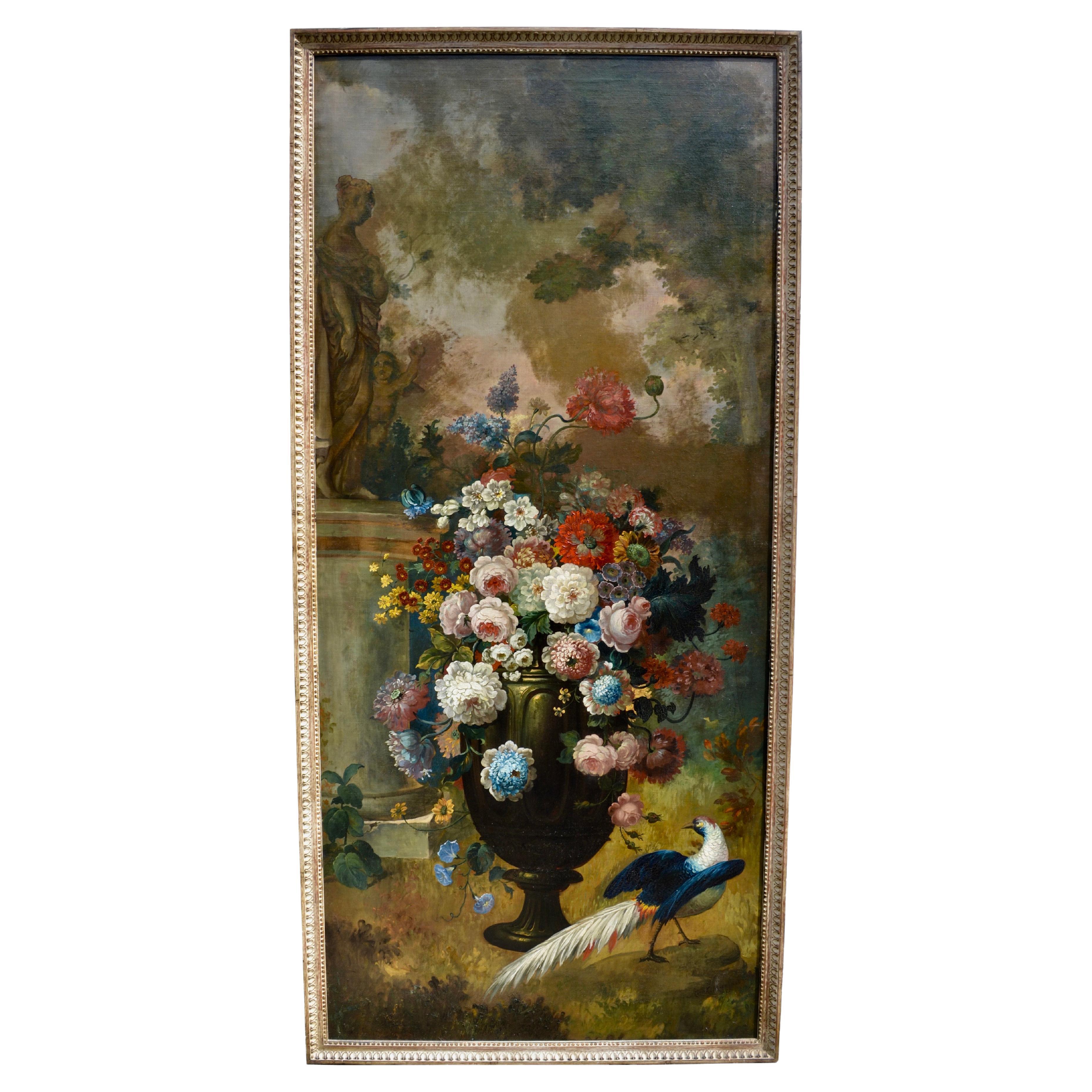 Large Signed Floral Still Life Painting with a Peacock