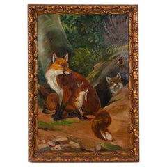 Large Signed Foxes Oil Painting