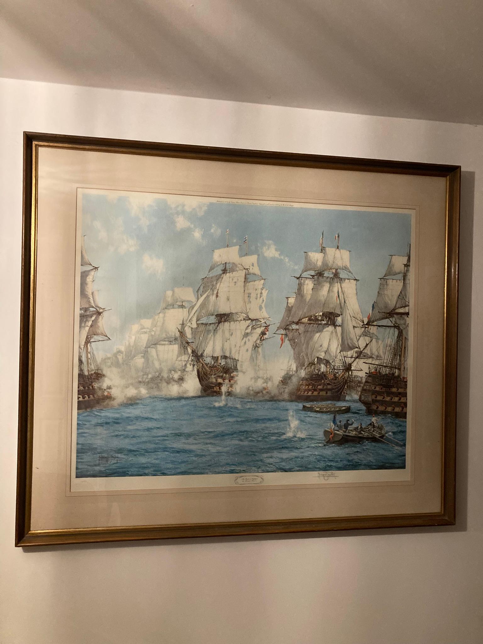 Gran Cuadro Firmado Batalla de Trafalger por Montague Dawson. Impresión con firma original. Montague Dawson RSMA, FRSA fue un pintor británico célebre como artista marítimo. Sus cuadros más famosos representan barcos de vela, normalmente clippers o