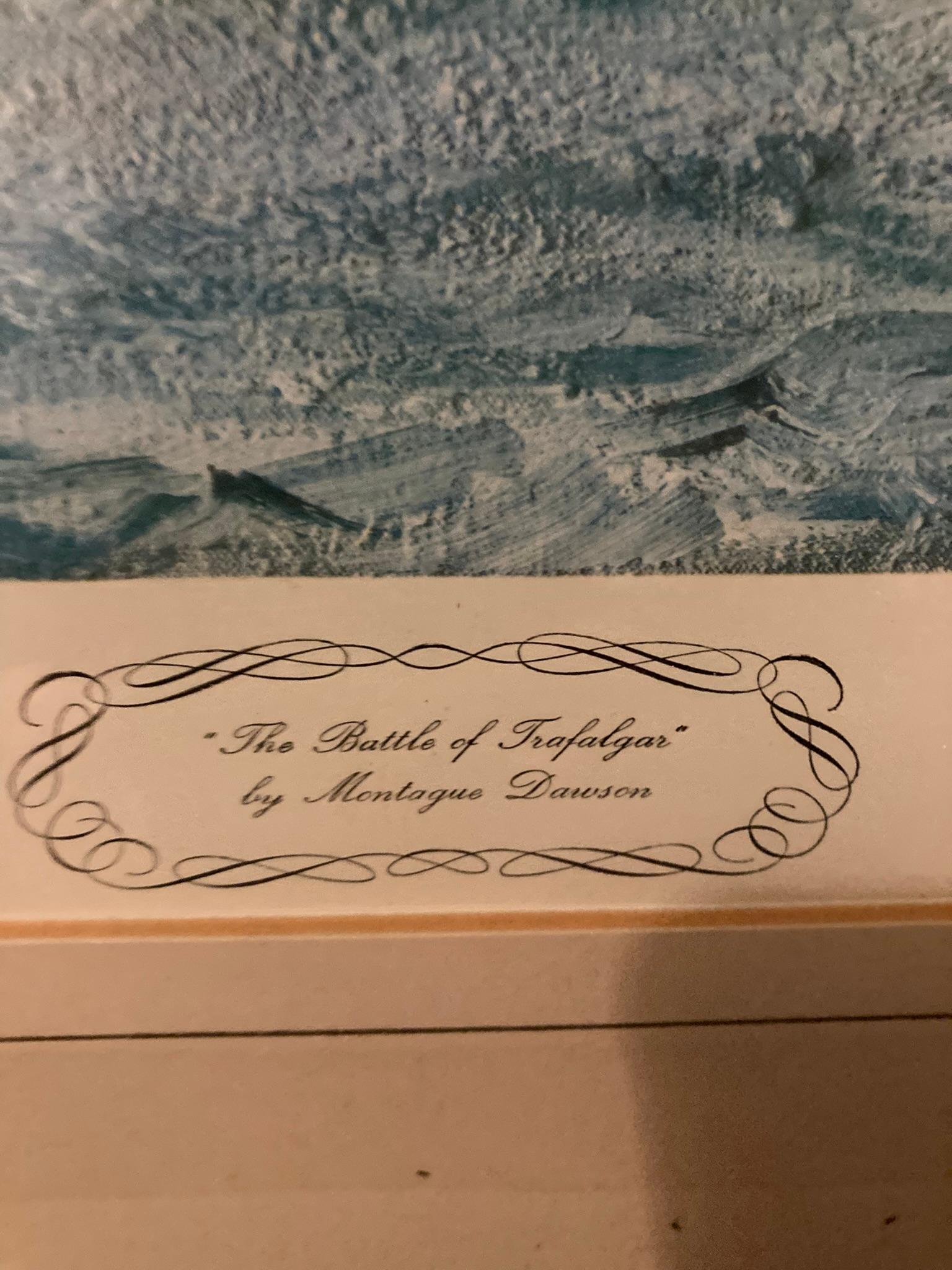 Gran Cuadro Firmado Batalla de Trafalger por Montague Dawson. Vidrio artístico en venta