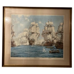 Großes signiertes Rahmenbild der Schlacht von Trafalger von Montague Dawson.